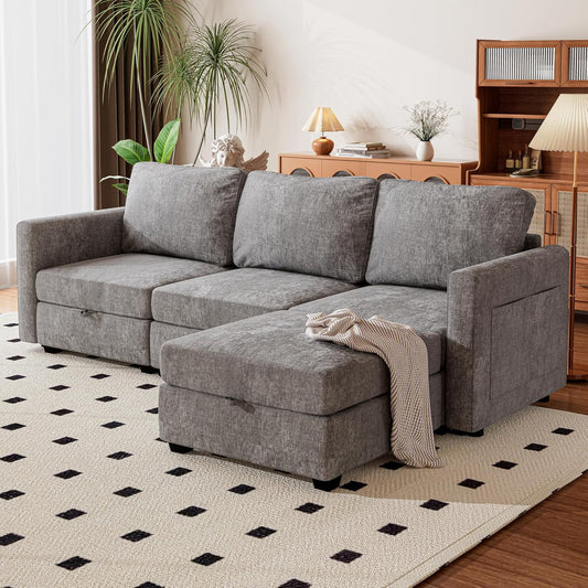 mestyl Modular Sectional Sofa Convertible L Shaped Sofa Couch Set with Storage for Living Room, Modern 3 Seater Modular Sectional Couch with Movable Ottoman (Grey)