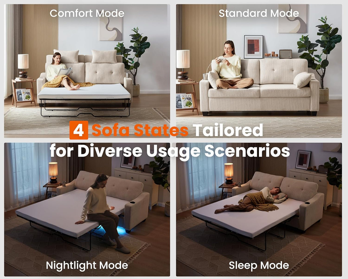 Pull Out Sofa Bed, Full Size Sleeper Sofa, 2-in-1 Convertible Corduroy Couch with USB Charging, Memory Form Couch for Living Room, Apartment and Small Space (Corduroy Beige, Queen Size)