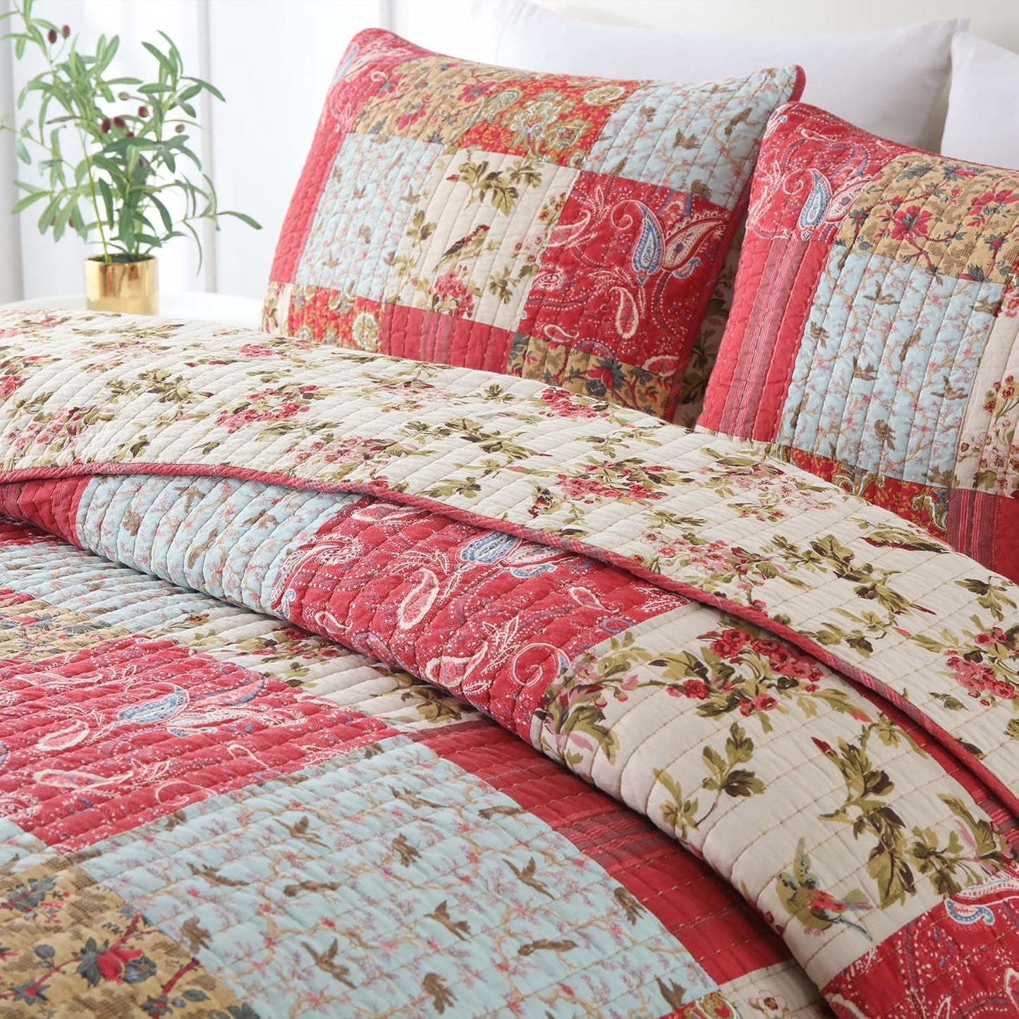 Secgo Queen Size Comforter Set- 100% Cotton Quilt Queen Size Set, Green, Sage bedspreads (90 * 96 Inch) with 2 Pillow Shams, Patchwork Reversible Lightweight Bedding