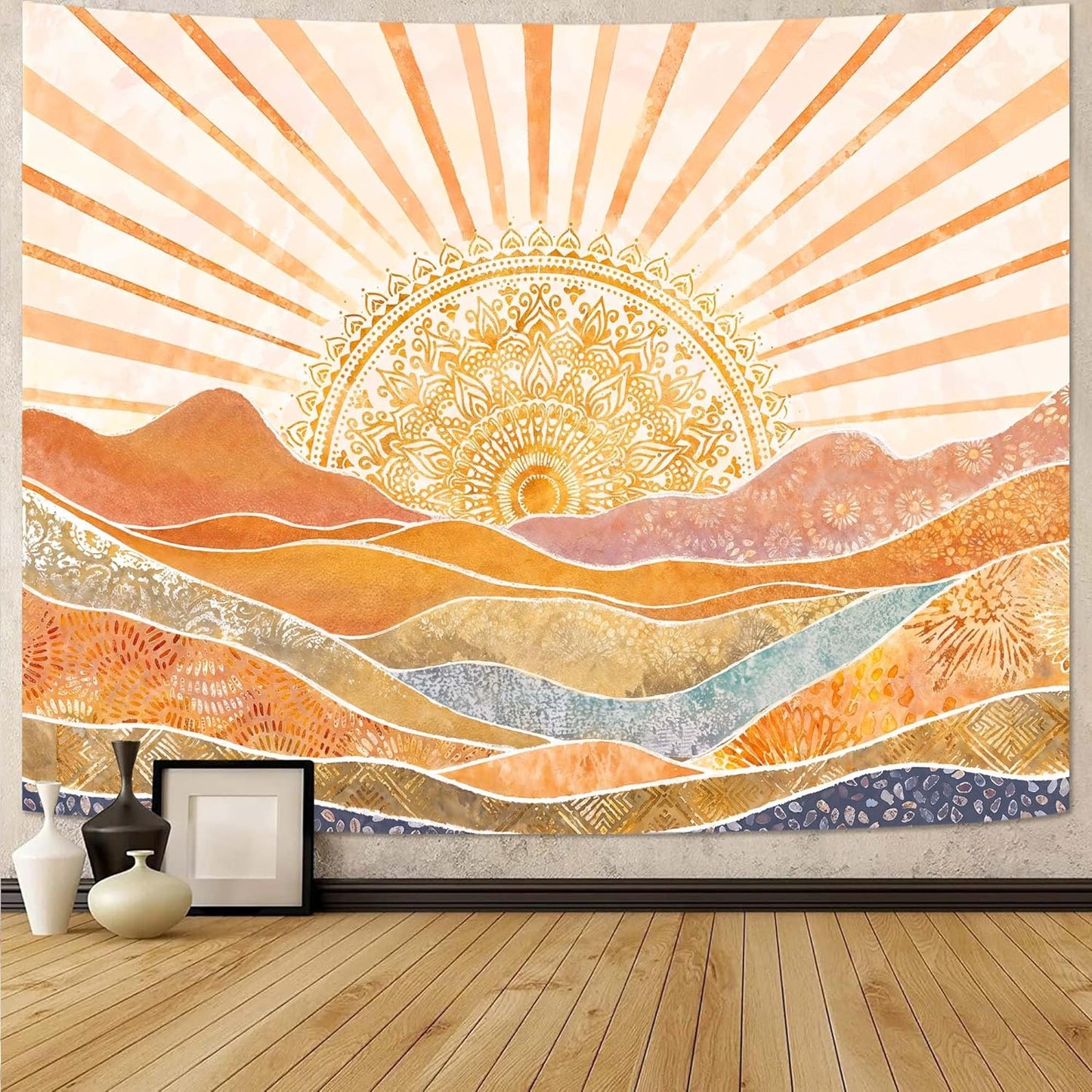 Lunerfex Bohemian Mandala Sunrise Wall Tapestry, Abstract Mountain Scenery Tapestries for Home Decor, Boho Tapestry 90x70 Inch