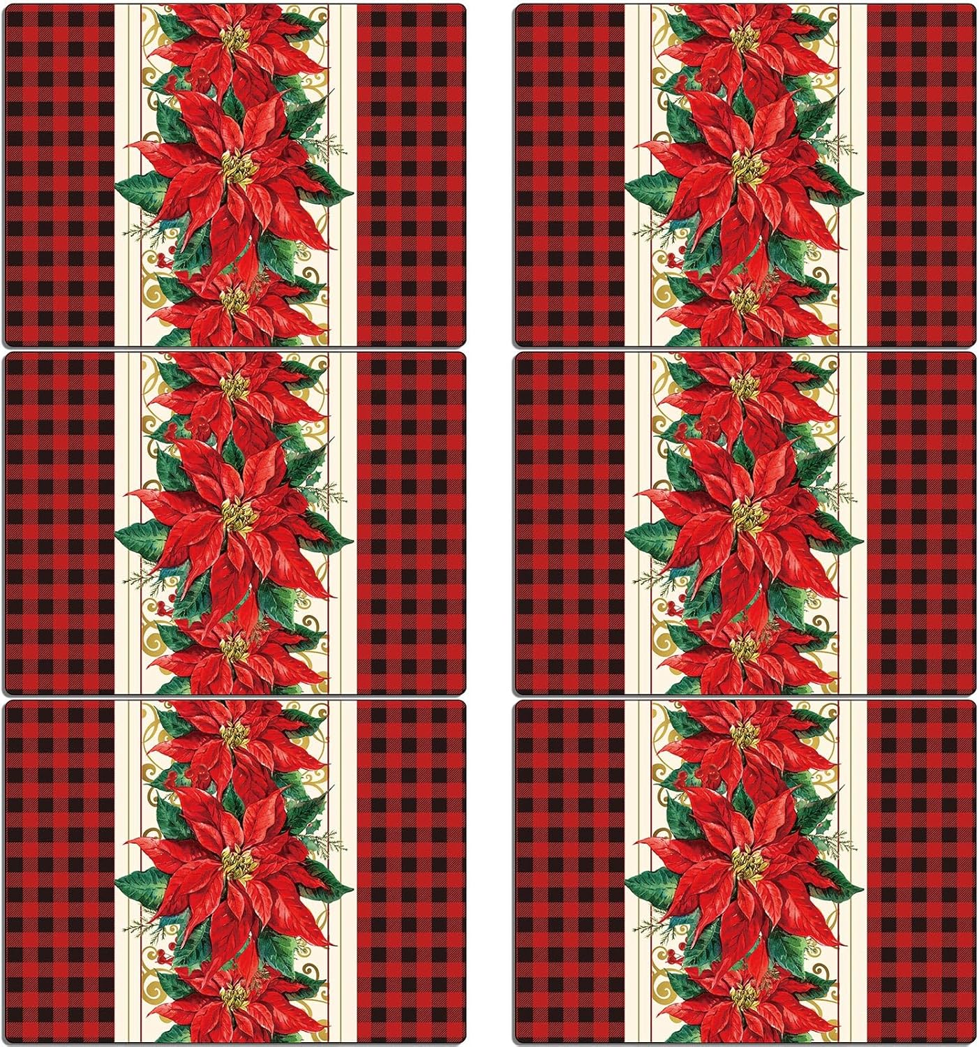 Christmas Poinsettia Placemats Set of 6 Red Watercolor Poinsettia Plastic Table Mats Christmas Xmas Red Flower Place Mats Winter Holiday Table Decoration for Indoor Outdoor Party Kitchen Dining