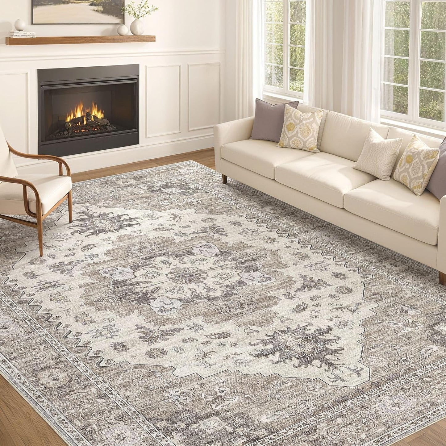 Washable Area Rugs for Living Room - 10x14 Neutral Vintage Distressed Floral Farmhouse Boho Large Soft Floor Rug Indoor Non Slip Carpet for Living Room Bedroom Dining Room Office-Brown/Beige