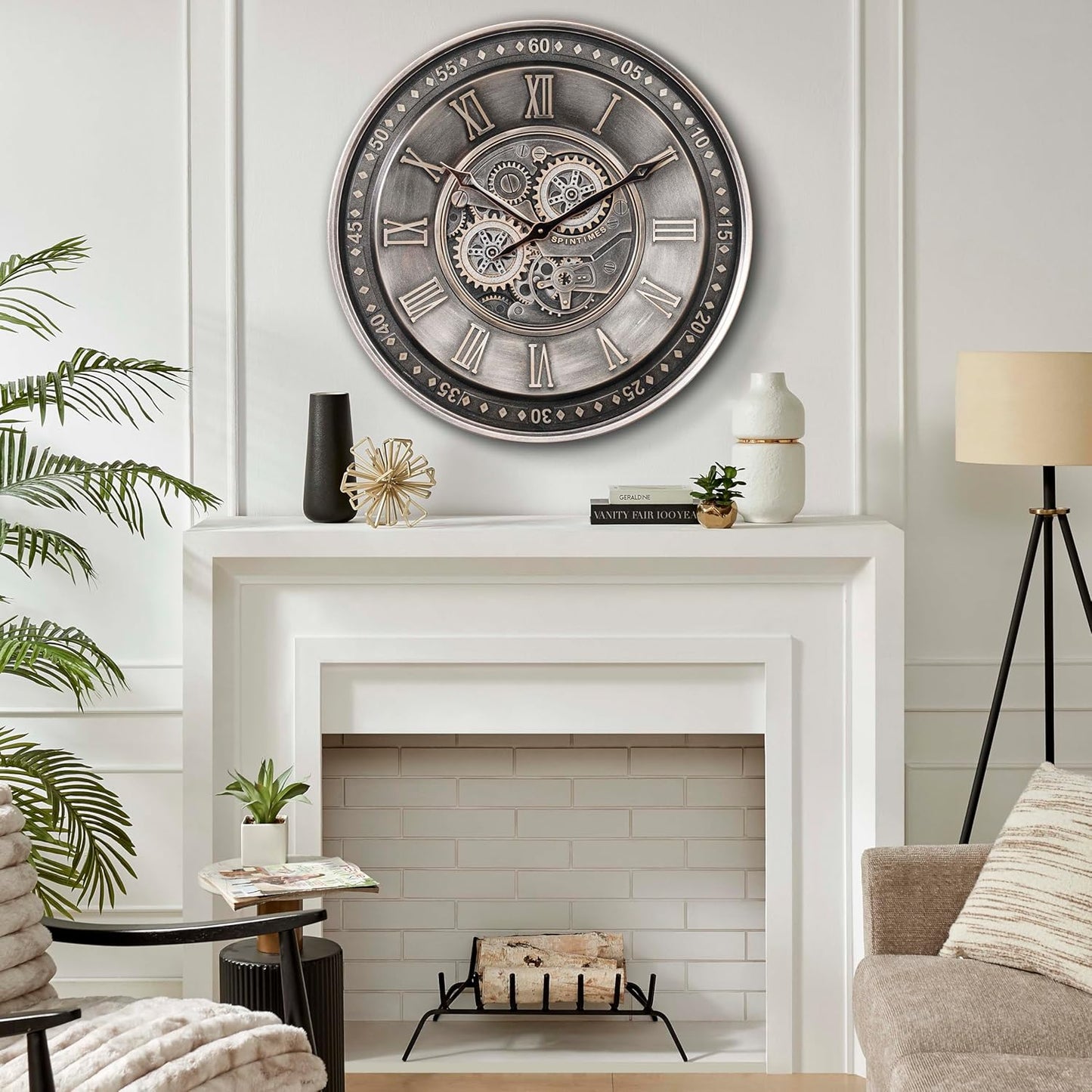 CLXEAST 24 Inch Large Moving Gear Wall Clock for Living Room Decor, Antique Silver Metal Roman Numerals Wall Clocks for Home Office