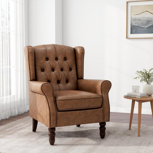 Accent Chair, Upholstered Armchair with Button Tufted High Back & Solid Wood Legs, Comfy Wingback Reading Single Sofa Chair for Small Spaces, Living Room, Bedroom (Leather Brown, Set of 1)