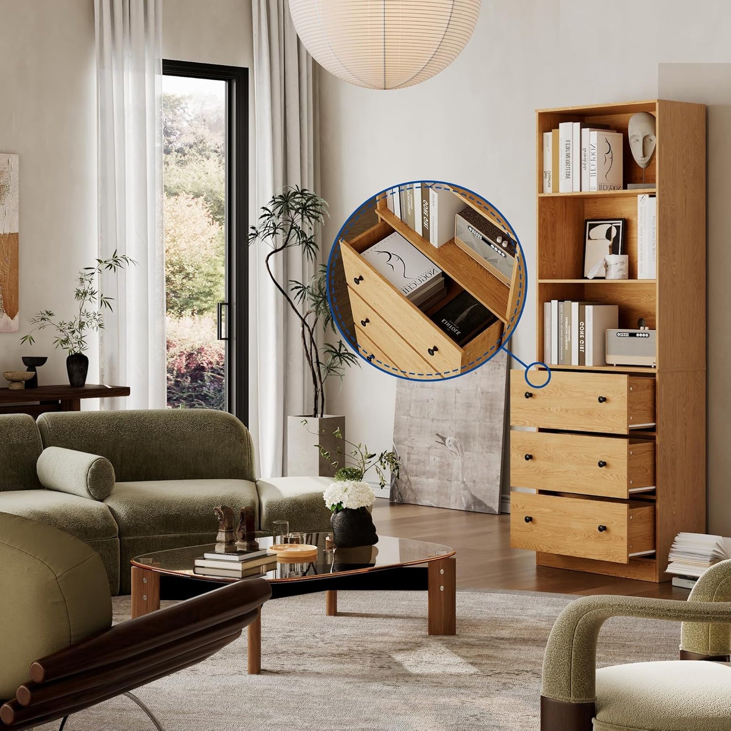 71" Tall Bookshelf with Storage, Bookcase with Drawers, Farmhouse Wooden Corner Book Shelves, Mid Century Modern Book Shelf Wall Standing Home Decor Furniture for Living Room, Bedroom, Office, Kitchen