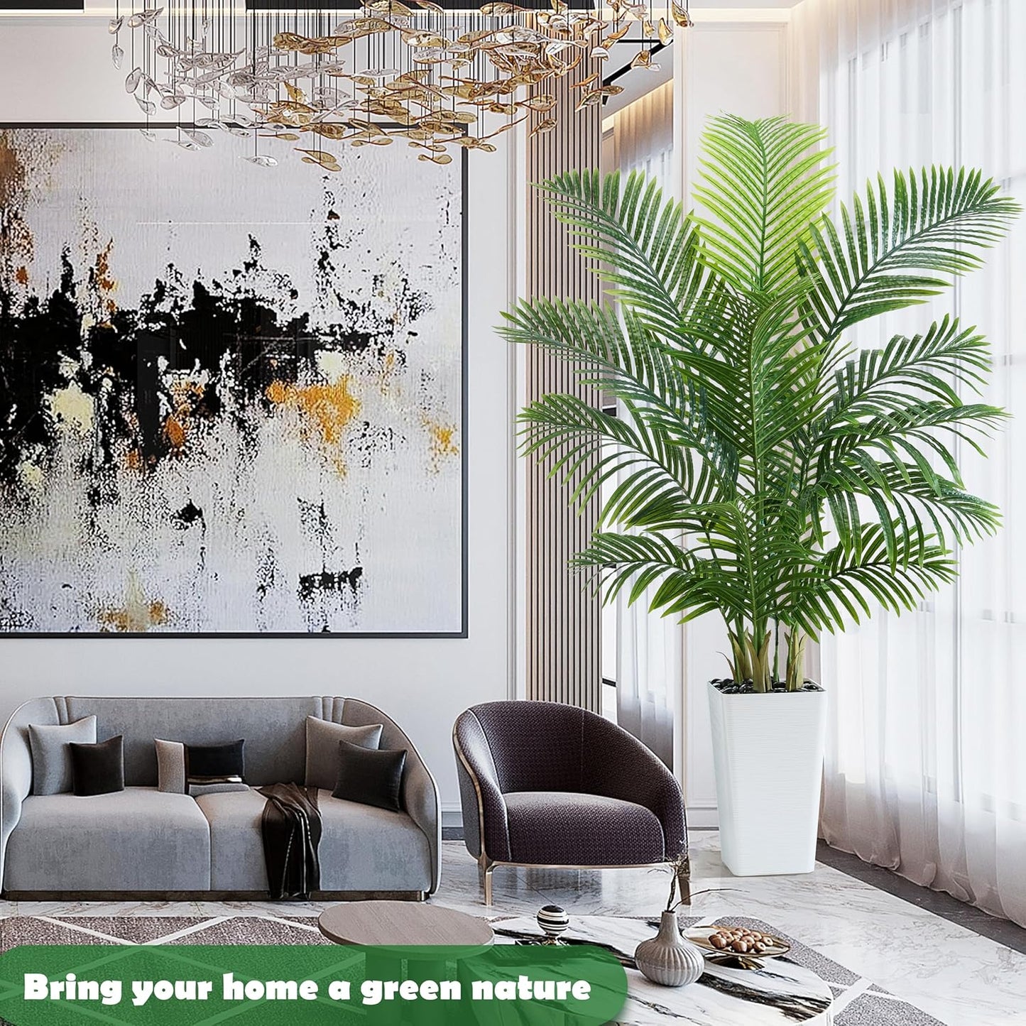 Artificial Palm Tree 5FT - Tall Fake Tree with White Taper Planter & Pebbles, UV Resistant for Indoor & Outdoor, Large Potted Faux Plant, Tropical Areca Floor Plant for Living Room, Office, Home Decor