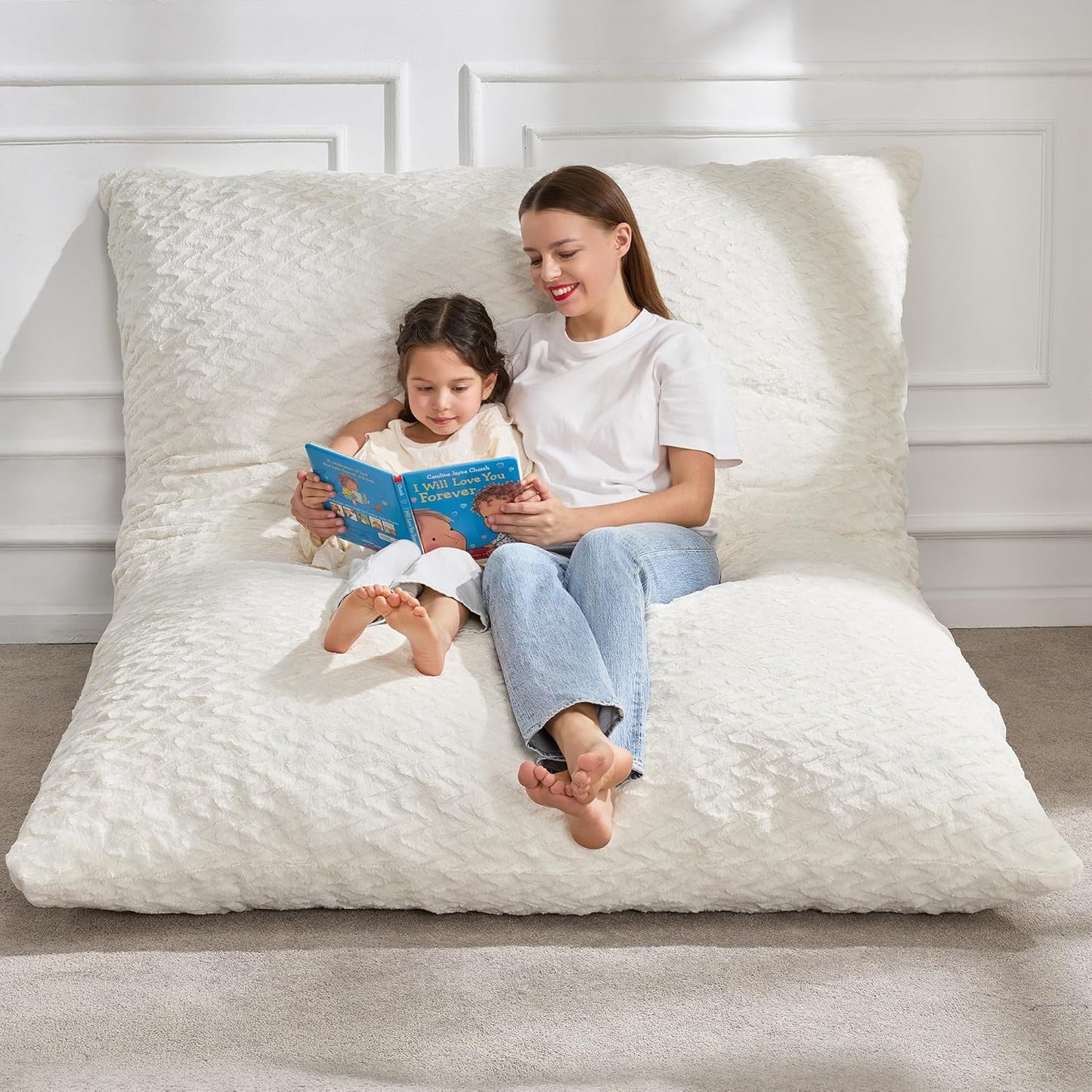 Hobestluk 3 in 1 Bean Bag Chair Giant Bean Bag Chairs for Adults with Chevron Plush Fur Cover Convertible Bean Bag Floor Cushion with Machine Washable Cover for Living Room (Chevron Plush White)