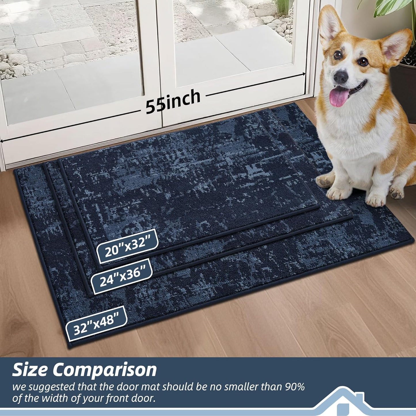 BEQHAUSE Dirt Trapper Door Mat 24"x36" Non-Slip Door Mats Washable Entryway Rugs Stain Resistant Doormat Absorbent Welcome Floor Mat for Front Back Door, Muddy Wet Shoes & Paws,Blue