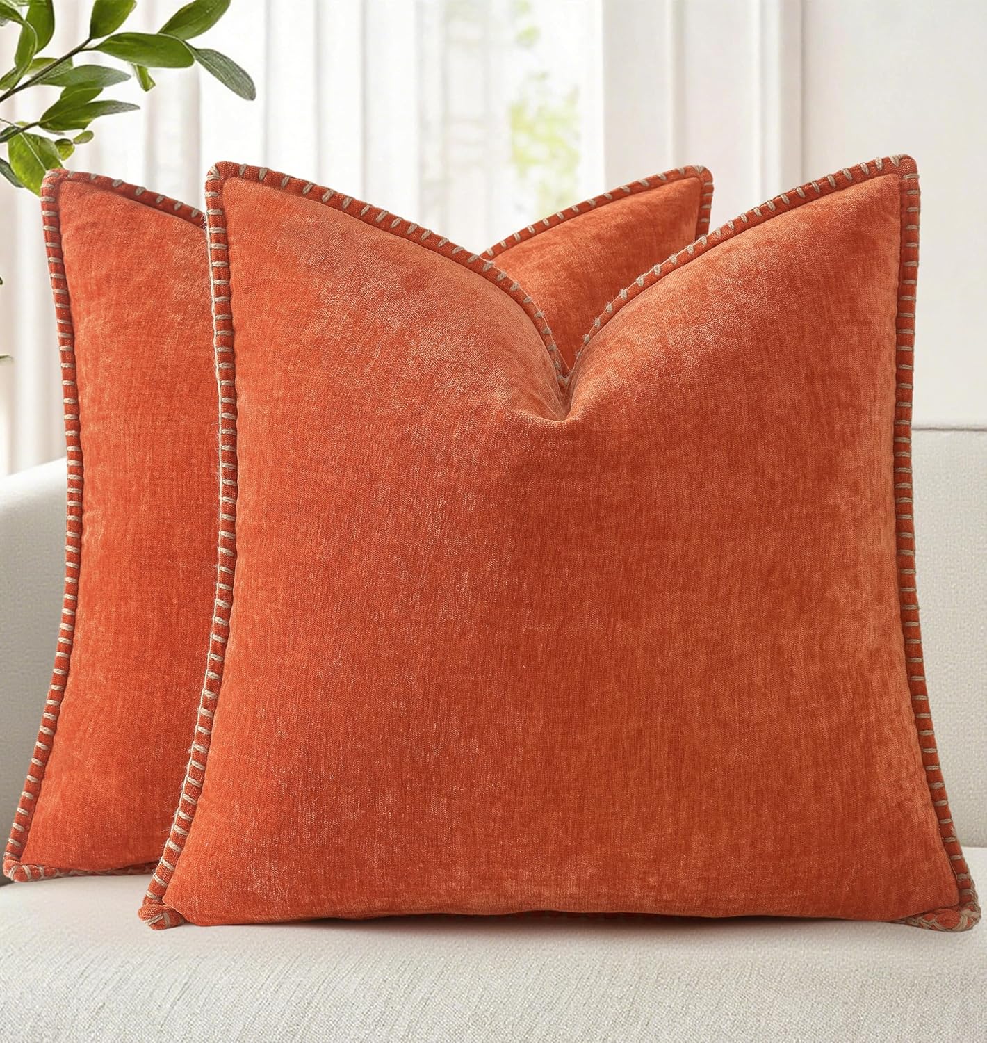 decorUhome Fall Chenille Soft Throw Pillow Covers 22x22 Set of 2, Farmhouse Velvet Neutral Decorative Euro Pillow Covers with Stitched Edge for Couch Sofa Bed Home Decor, Rust