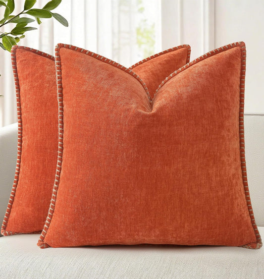 decorUhome Fall Chenille Soft Throw Pillow Covers 24x24 Set of 2, Farmhouse Velvet Neutral Decorative Euro Pillow Covers with Stitched Edge for Couch Sofa Bed Home Decor, Rust