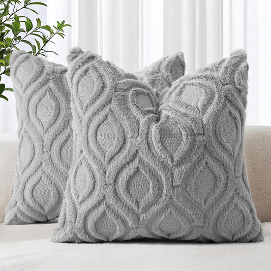 decorUhome Fall Throw Pillow Covers 20x20 Inch Set of 2, Soft Plush Decorative Faux Fur Grey Solid Couch Pillow Covers, Accent Farmhouse Neutral Square Euro Pillow Cases for Sofa Bed Living Room
