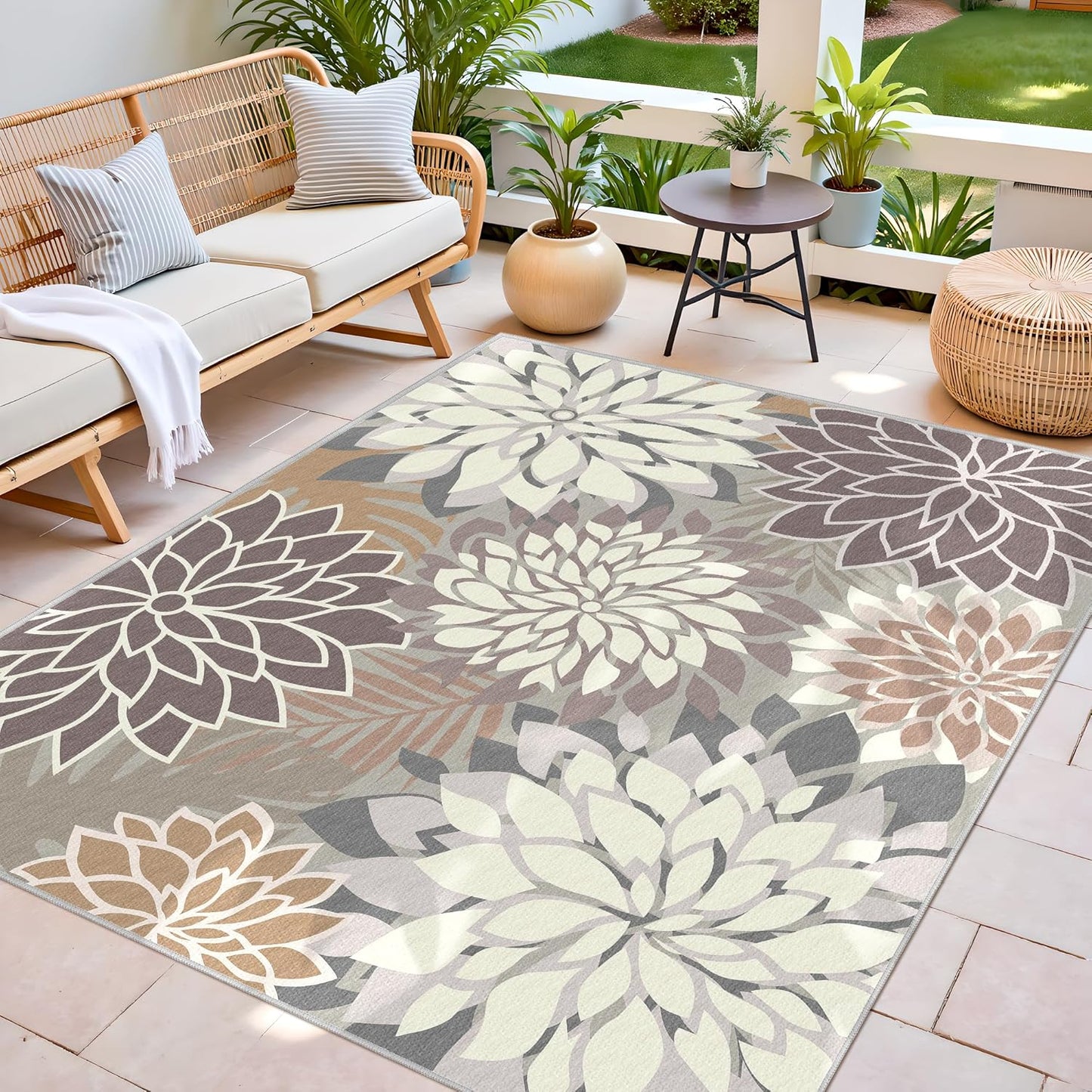 Indoor Outdoor Area Rug Washable Multicolored Patio Rug Tropical Botanical Modern Floral Indoor Outdoor Carpet Brown White Rug Non Slip Non Shedding for Patio, Deck, Backyard, Porch (9x12)