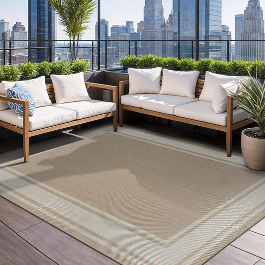Beverly Rug Large Outdoor Rug 9x12 Modern Bordered Area Rugs for Indoor and Outdoor Patio Deck Porch Garden Waterproof Weather Sun Resistant Washable Outside Carpet (9 x 12 Beige)
