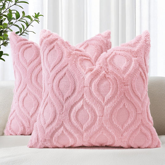 decorUhome Throw Pillow Covers 24x24 Inch Set of 2, Soft Plush Decorative Faux Fur Light Pink Solid Couch Pillow Covers, Accent Farmhouse Neutral Square Euro Pillow Cases for Sofa Bed Living Room