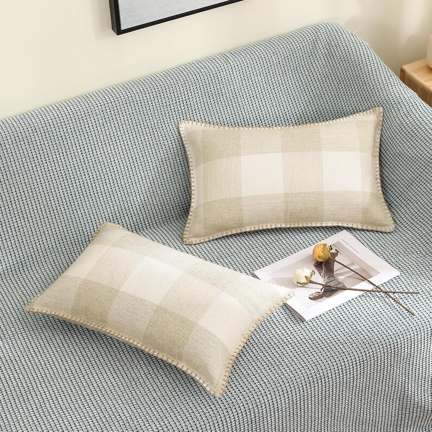 decorUhome Buffalo Plaid Check Fall Throw Pillow Covers 12x20 Set of 2, Outdoor Lumbar Decorative Farmhouse Pillow Covers with Stitched Edge for Bed Couch Sofa, Cream White and Beige