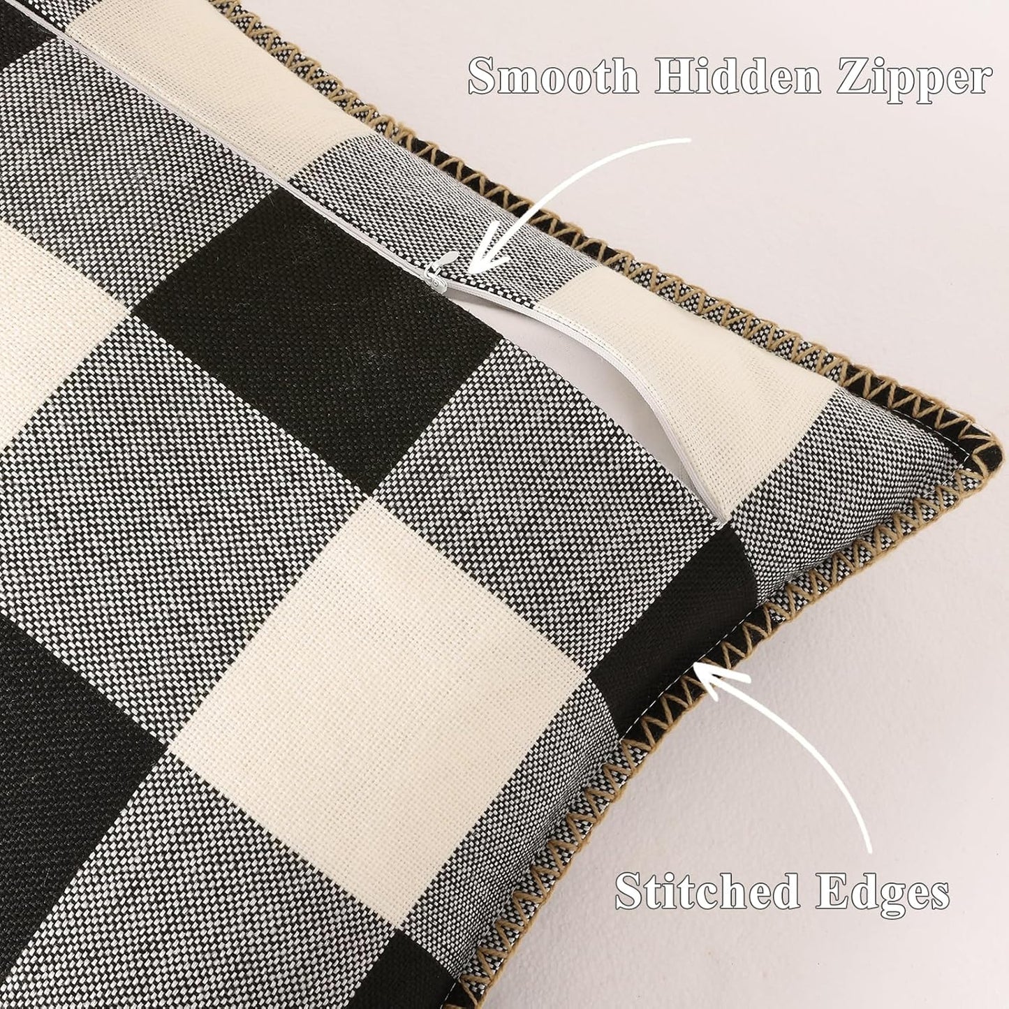 decorUhome Buffalo Plaid Check Throw Pillow Covers 16x16 Set of 2, Outdoor Decorative Farmhouse Neutral Pillow Covers with Stitched Edge for Bed Couch Sofa, Black and White