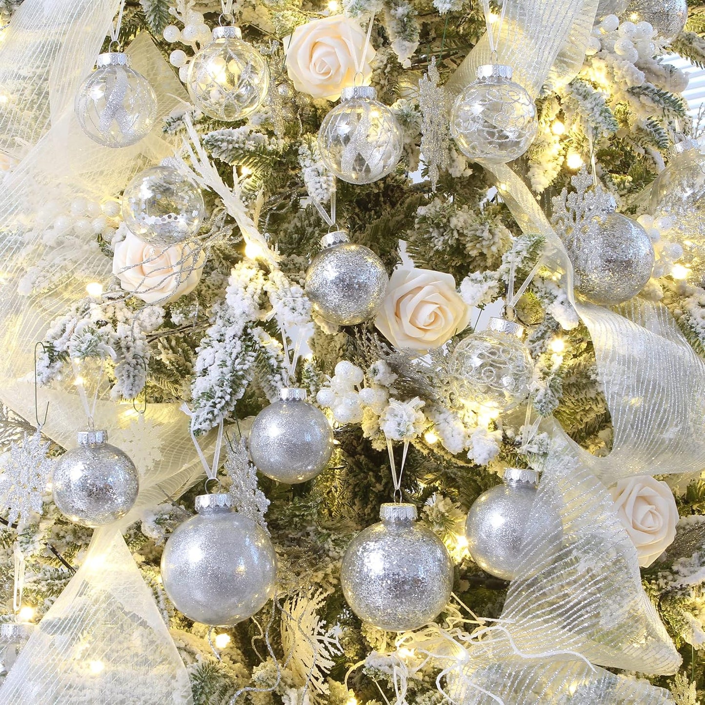 Sea Team Shatterproof Clear Plastic Christmas Ball Ornaments Decorative Xmas Balls Baubles Set with Stuffed Delicate Decorations (80mm/3.15 inch 20-Pack, Silver)