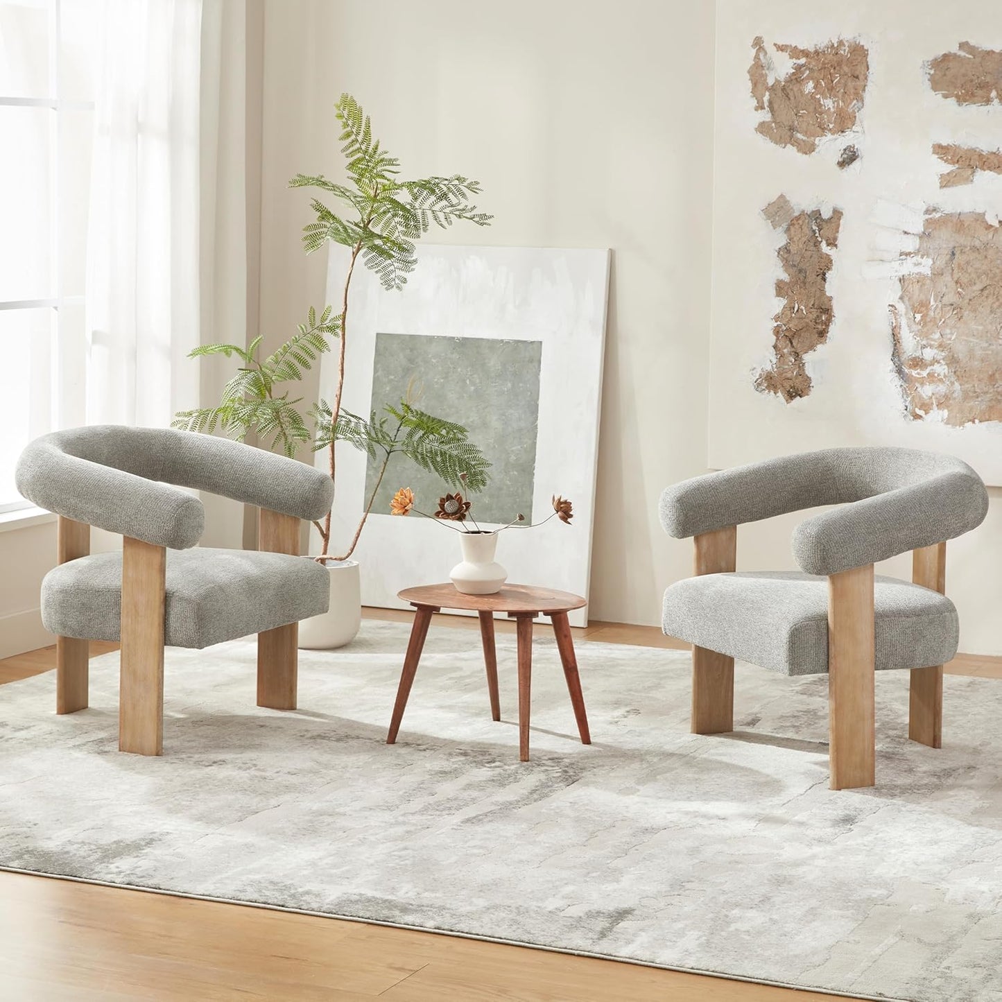 VKNOW Accent Chair Living Room Chair Set of 2, Modern Upholstered Armchair with Solid Wood Legs, Comfy Barrel Arm Chairs for Living Room Bedroom, Light Grey