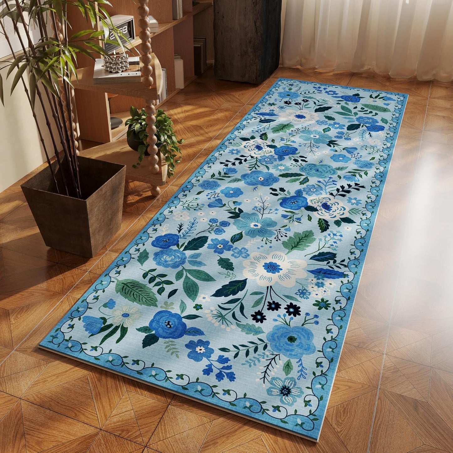Runner Rug for Hallways Kitchen Rug Non Slip 2'6''x8' Washable Runner Rugs with Rubber Backing Soft Floral Carpet Runner for Hallways, Kitchen, Laundry, Bedroom, Bathroom(Blue)