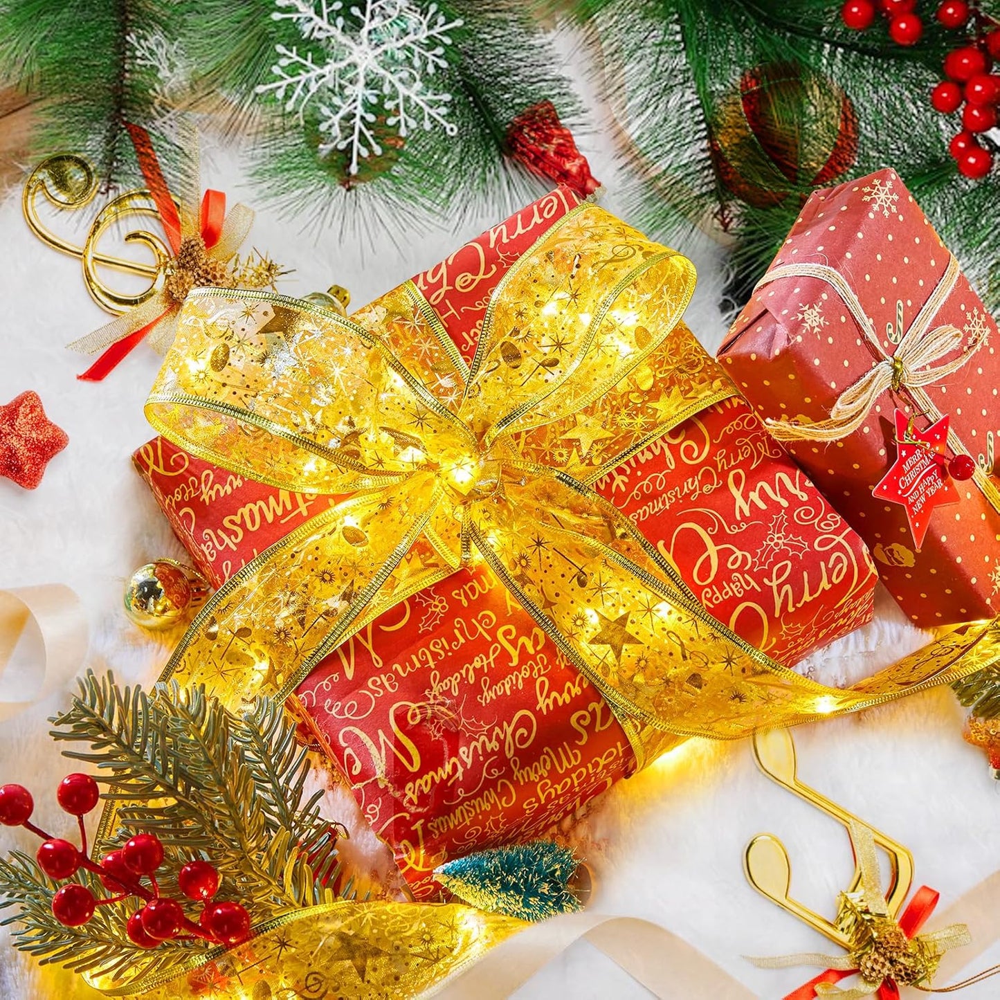 Minetom Christmas Tree Ribbon String Lights - 33ft 100 LED Battery Powered Fairy Lights with Timer