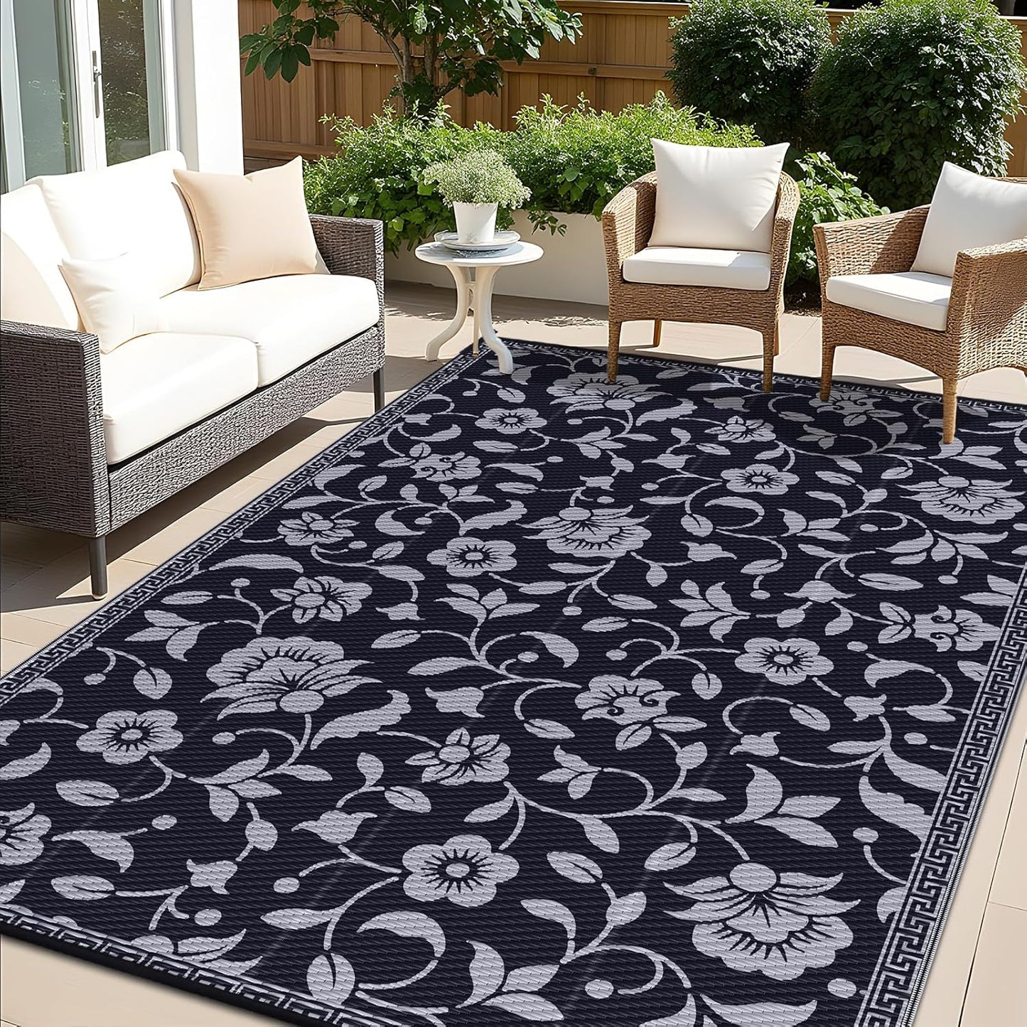 OLANLY Waterproof Outdoor Rug 6x9 ft, Outdoor Plastic Straw Rug with Flower Pattern, Reversible RV Mat for Patio, Camping, Balcony, Deck, Backyard, Black & Grey