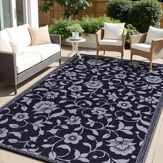 OLANLY Waterproof Outdoor Rug 9x12 ft, Outdoor Plastic Straw Rug with Flower Pattern, Reversible RV Mat for Patio, Camping, Balcony, Deck, Backyard, Black & Grey
