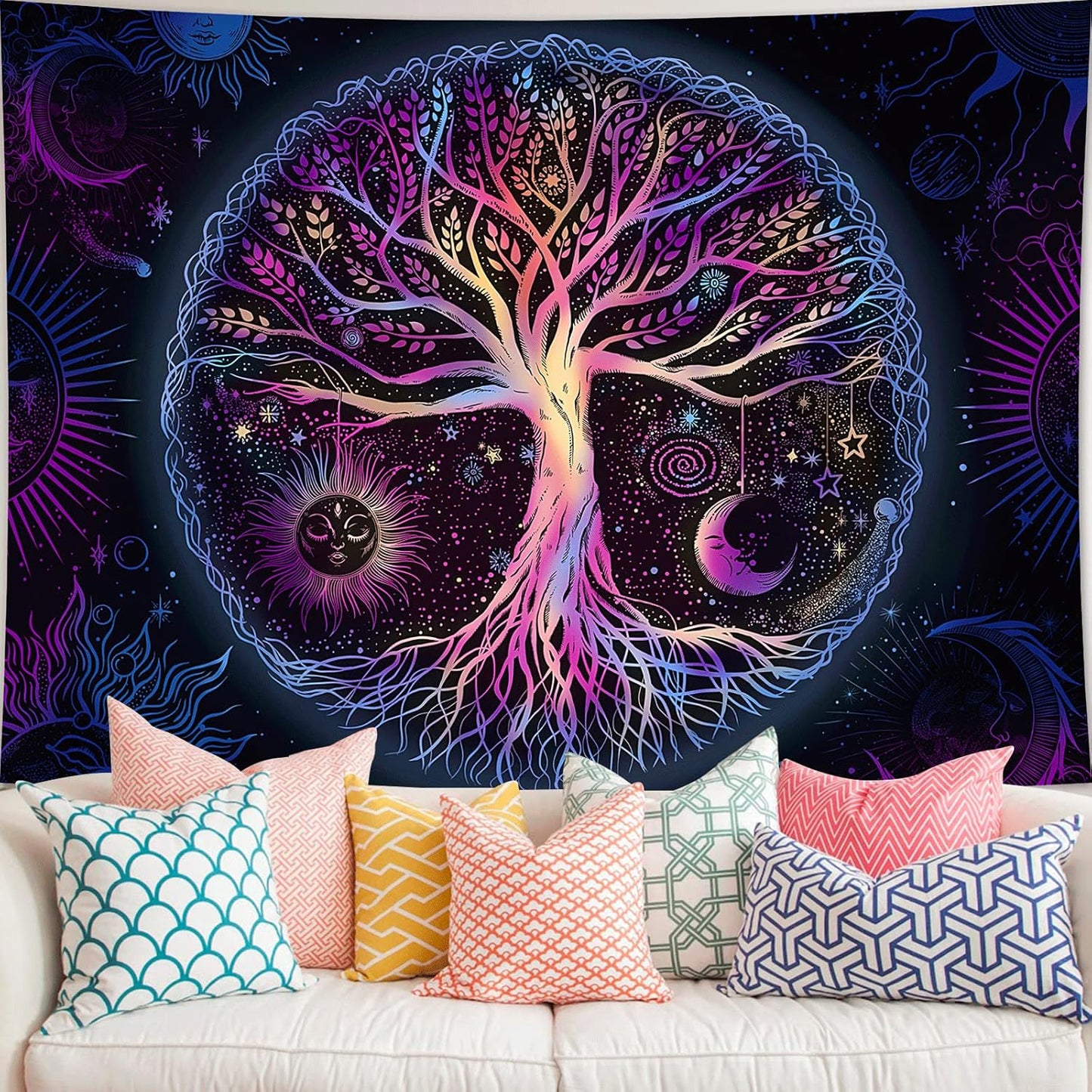 FORATER Tree of Life Tapestry Wall Hanging Colorful Life Tree Tapestries Aesthetic Sun and Moon Galaxy Wall Tapestry for Bedroom Living Room Dorm(53 x 61 Inch, Multicolor)