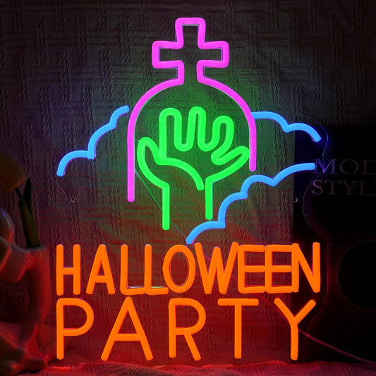 Halloween Party Neon Sign USB Powered Gothic Tombstone Light up Sign Dimmable Halloween Ghost Hand Neon Light Wall Decor for Halloween Party Bedroom Bar Man Cave Spooky House