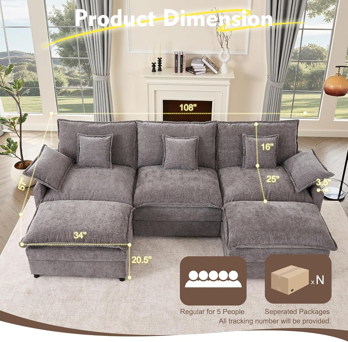 108" U Shaped Couch, Modular Sectional Sofa, 3-Seater Comfy Cloud Couch with Movable Ottoman, Deep Seat Couches for Living Room, Chenille, Slate