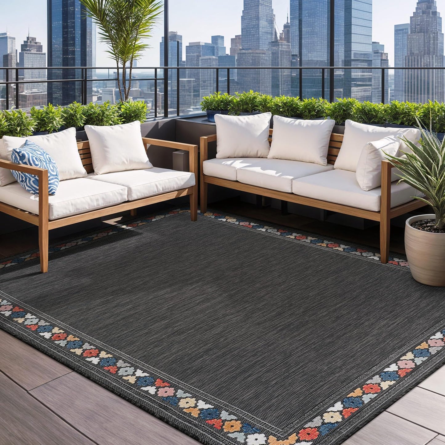 Beverly Rug Outdoor Rug 4x6 Modern Bordered Area Rugs for Indoor and Outdoor Patio Easy to Clean Non Shedding Living Room Porch Garden Washable Outside Carpet (4 x 6 Dark Gray)