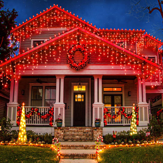 33ft Icicle Lights for Outside, Red Christmas Lights Outdoor Waterproof for House, 400 LED Twinkle Tree Lights with 75 Drops Clear Wire Short Curtain Light for Room Home Wall Indoor Decorations