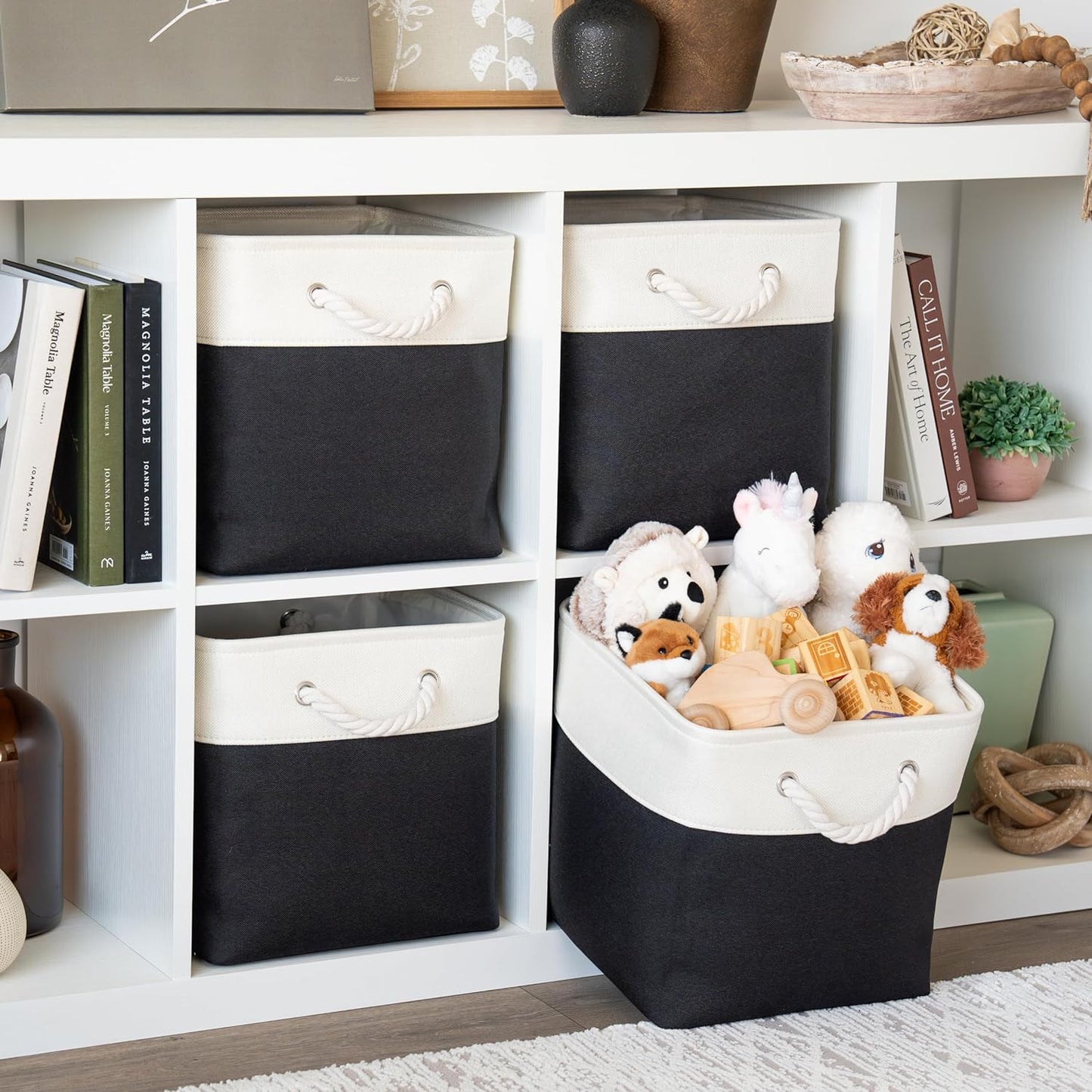 OrganiHaus 12x12 Cube Storage Bins 4 Pack, Foldable Cube Storage Organizer w/ Rope Handles, Collapsible Fabric Bins for Toys, Clothes & Closet Organization, Fabric Square Baskets - Black/White