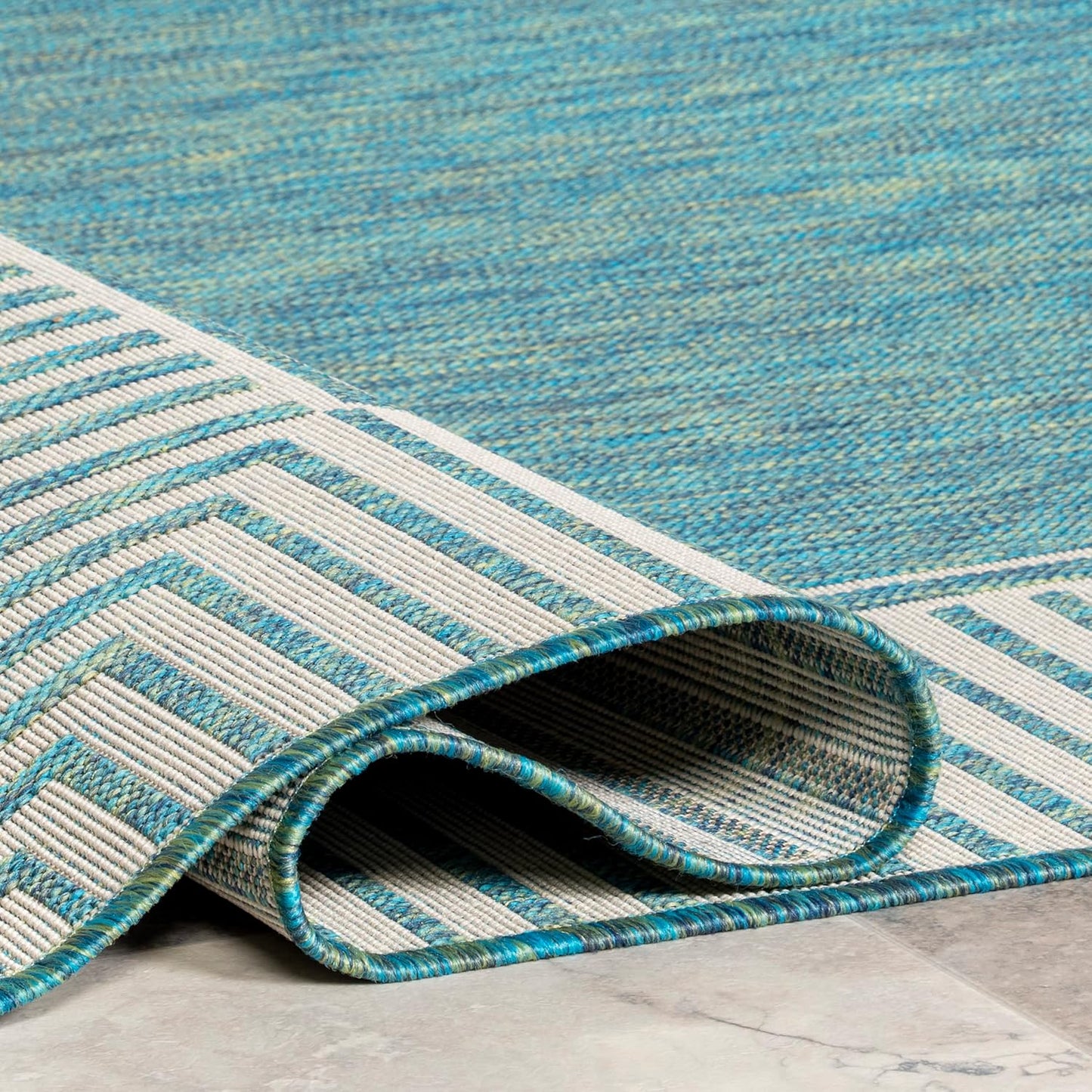nuLOOM 5' x 8' Outdoor Area Rug, Casual Design With Striped Border, Stain Resistant, Highly Durable, For Patio, Balcony, Bedroom, Living Room, Dining Room, Bathroom, Teal