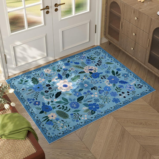 Door Mat Indoor Entrance 2x3 Rug Machine Washable Boho Floral Small Area Rug Non-Slip Low Pile Throw Rugs for Entryway, Kitchen, Front Door Indoor Entrance, Entry, Kids Room (Blue)