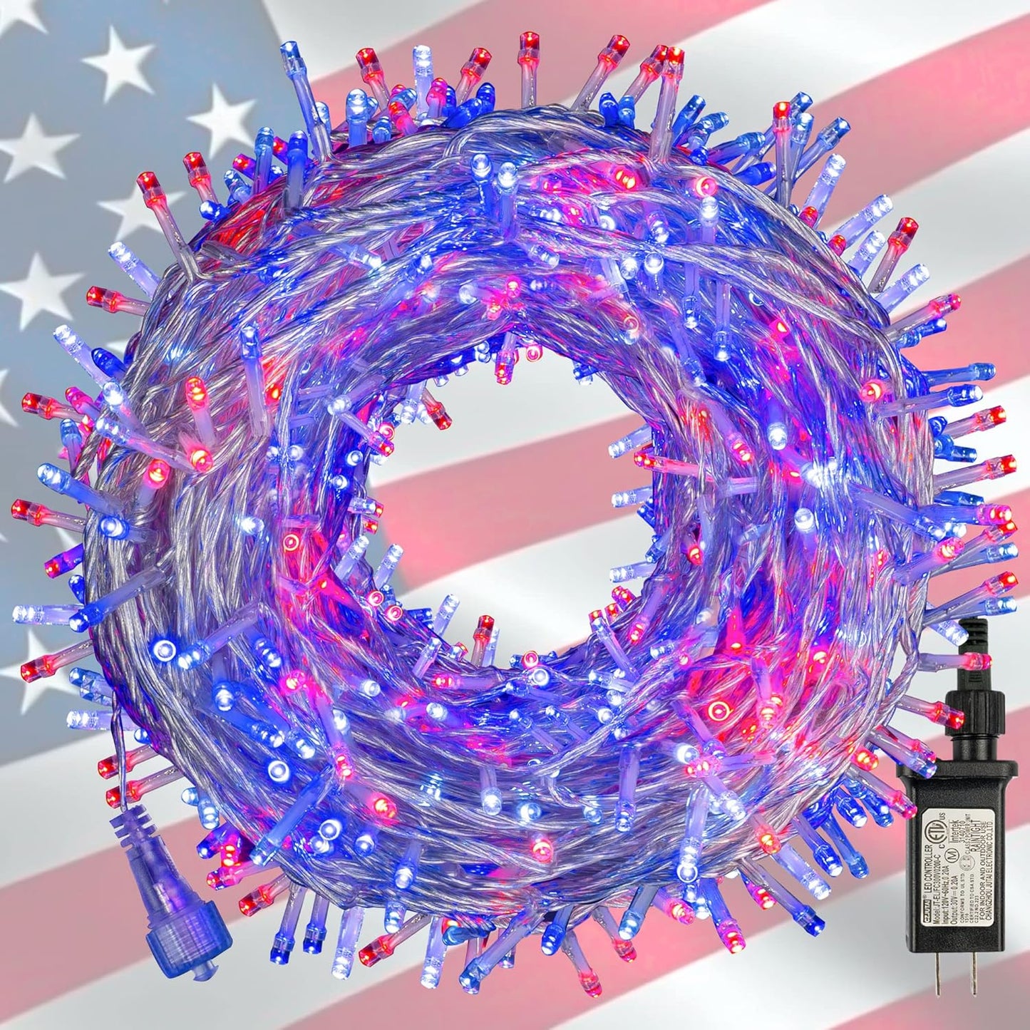 Dazzle Bright 4th of July String Lights, 300 LED 100 FT Connectable Waterproof Patriotic String Lights with 8 Modes, Independence Day Decorations for Indoor Outdoor Party Decor, Red White and Blue