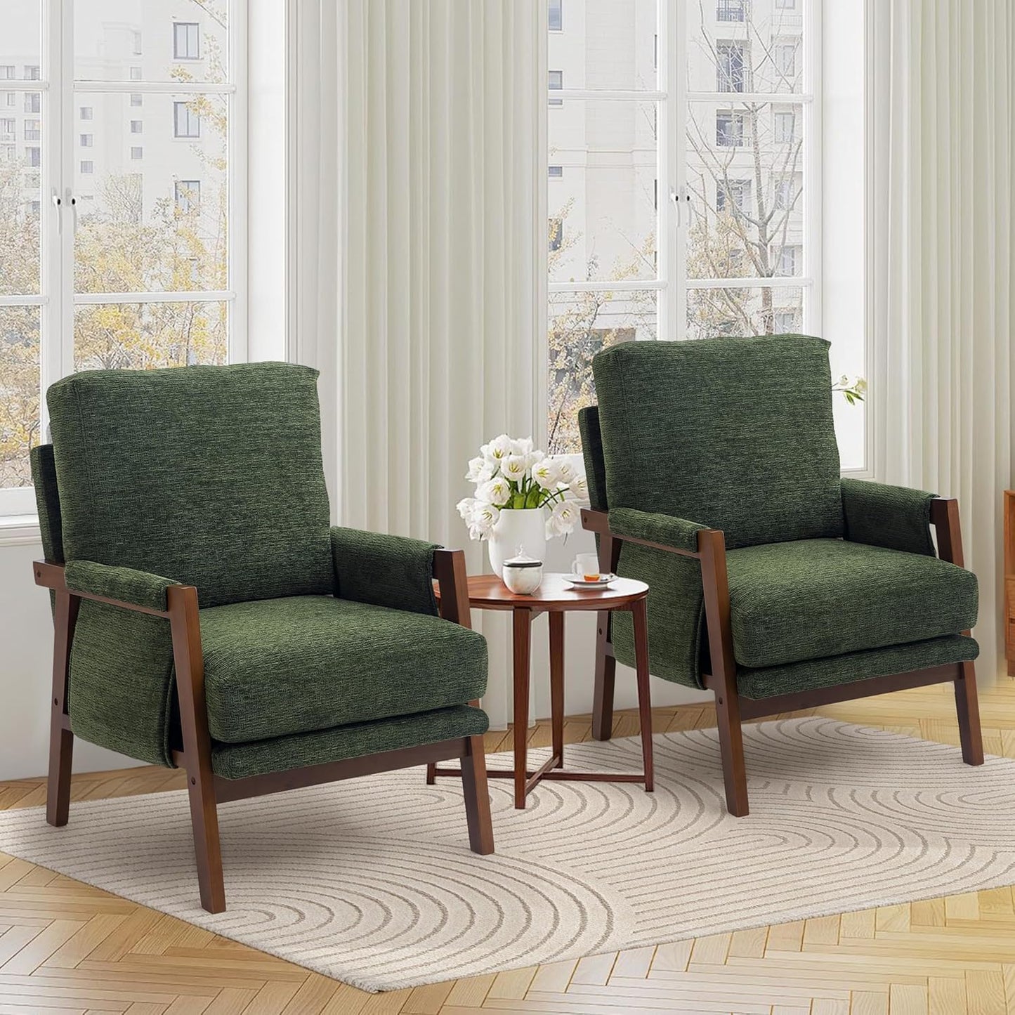 Modern Accent Chairs Set of 2 for Living Room Mid Century Arm Chairs Upholstered Bedroom Chairs Comfy Lounge Chairs with Solid Wood Frame, Green