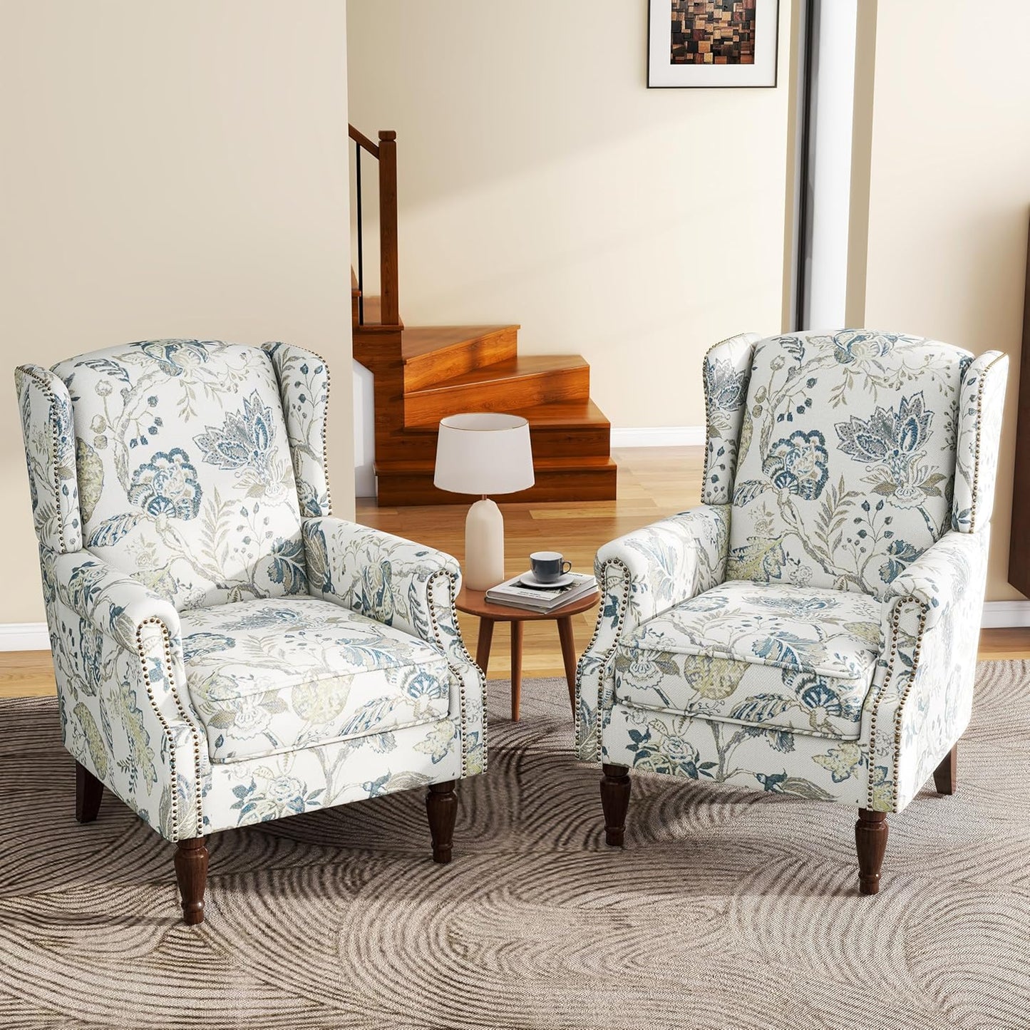 UIXE High Back Floral Accent Chairs Set of 2, Upholstered Armchair in Fabric, Retro Printed Wingback Arm Chair for Living Room, Nailhead Trim Single Sofa Bedroom Reading Seat - Plants Blue
