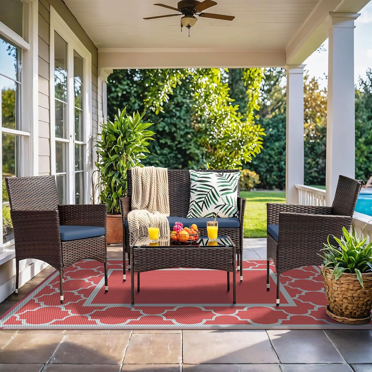 GENIMO 5' x 8' Outdoor Rug Waterproof for Patio Decor, Foldable Reversible Plastic Straw Area Rugs Mat for Camper, Outside Carpet for Rv, Deck, Porch, Picnic, Beach, Balcony, Red & Grey