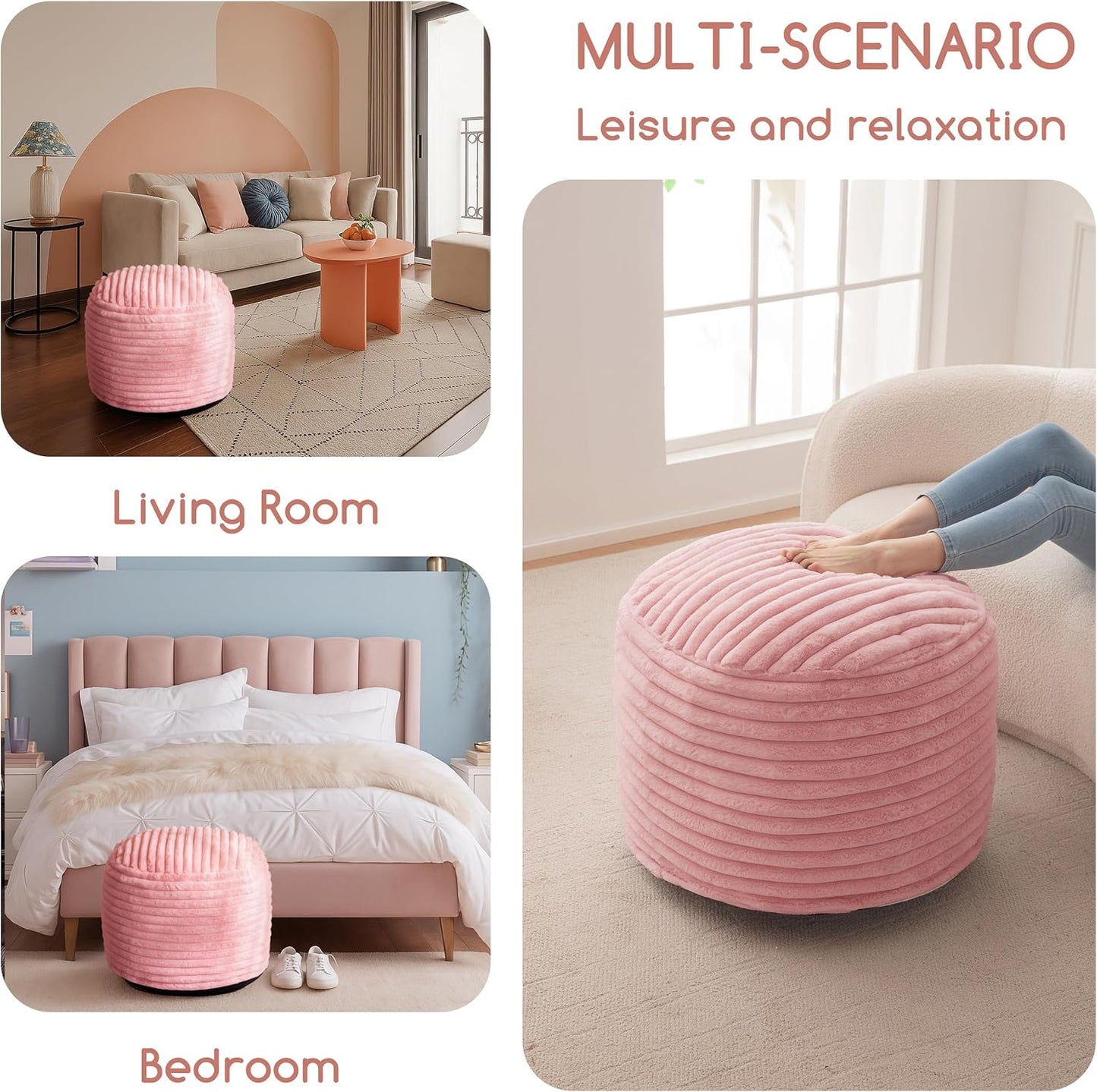 HIGOGOGO Round Stuffed Pouf Ottoman, Stripe Faux Fur Poufs with Foam Chunk Filling, Furry and Fluffy Pouf Foot Stool Storage Ottoman, 20 X 15 Floor Poufs Foot Rest for Living Room, Pink