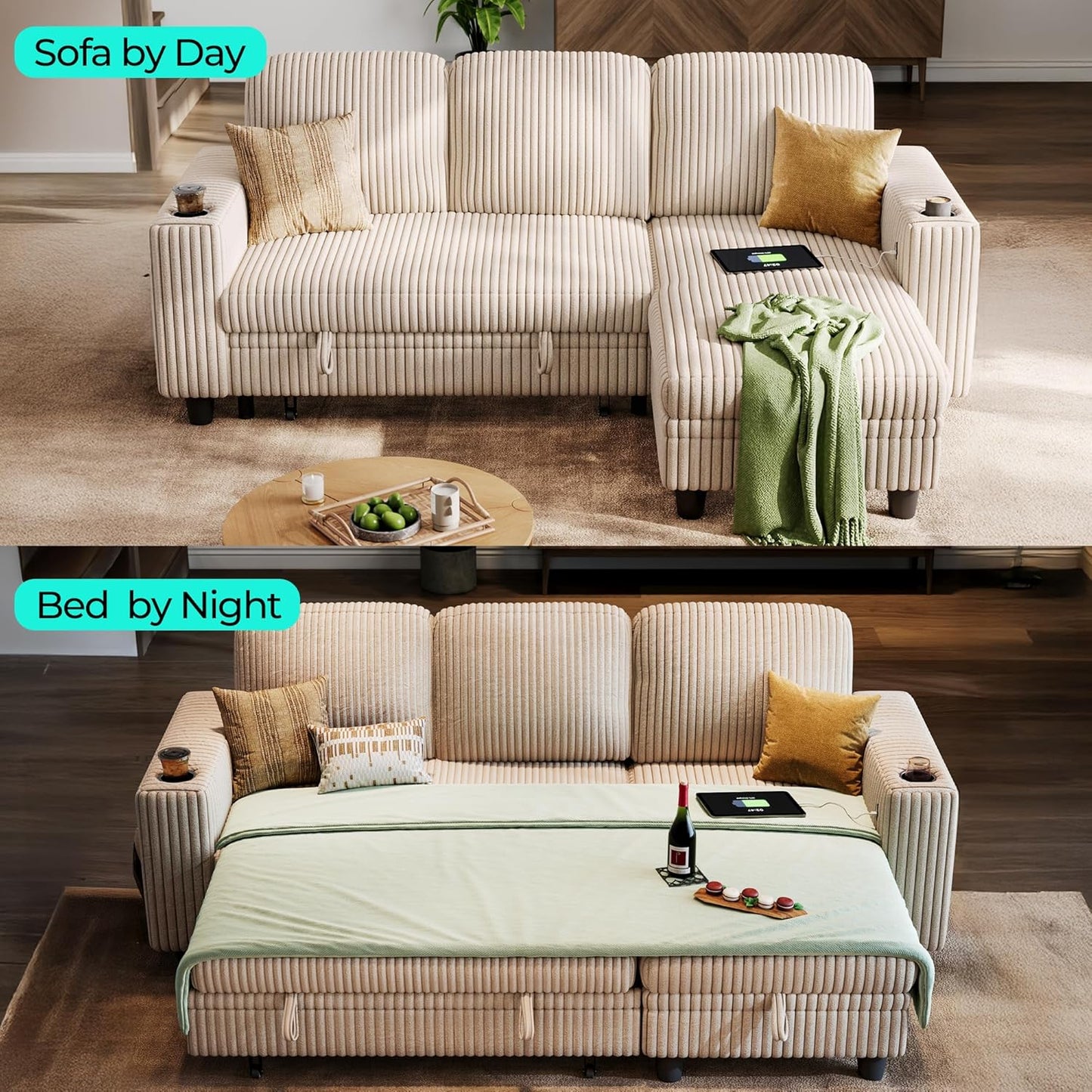 LINSY HOME Sectional Sleeper Sofa with Pull Out Couch Bed - Convertible Plush Corduroy Cloud Couch with Storage Chaise & USB Charging, Comfy L Shaped Modular Couches for Living Room Apartment, Beige