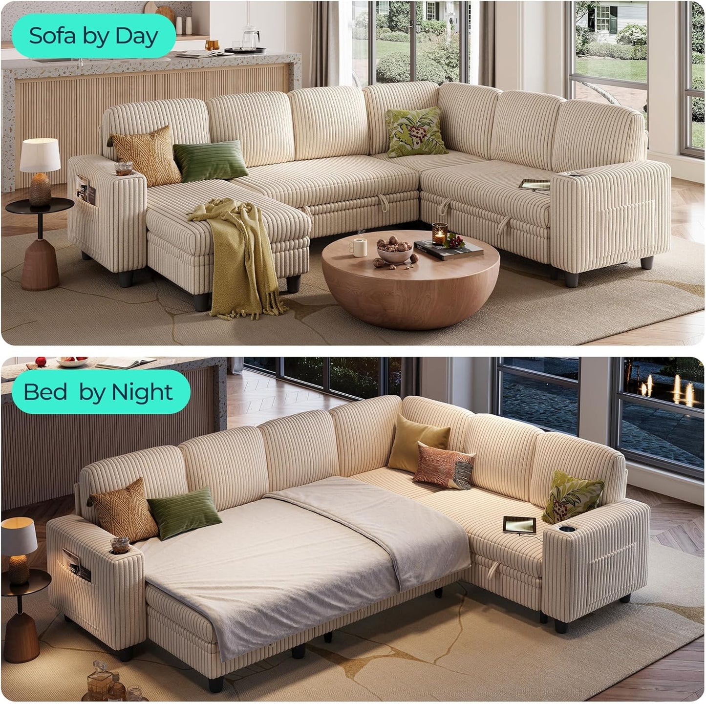 LINSY HOME Sectional Sleeper Sofa with Pull Out Couch Bed - Convertible Plush Corduroy Cloud Couch with Storage Chaise & USB Charging, Comfy Modular Couches for Living Room, Beige