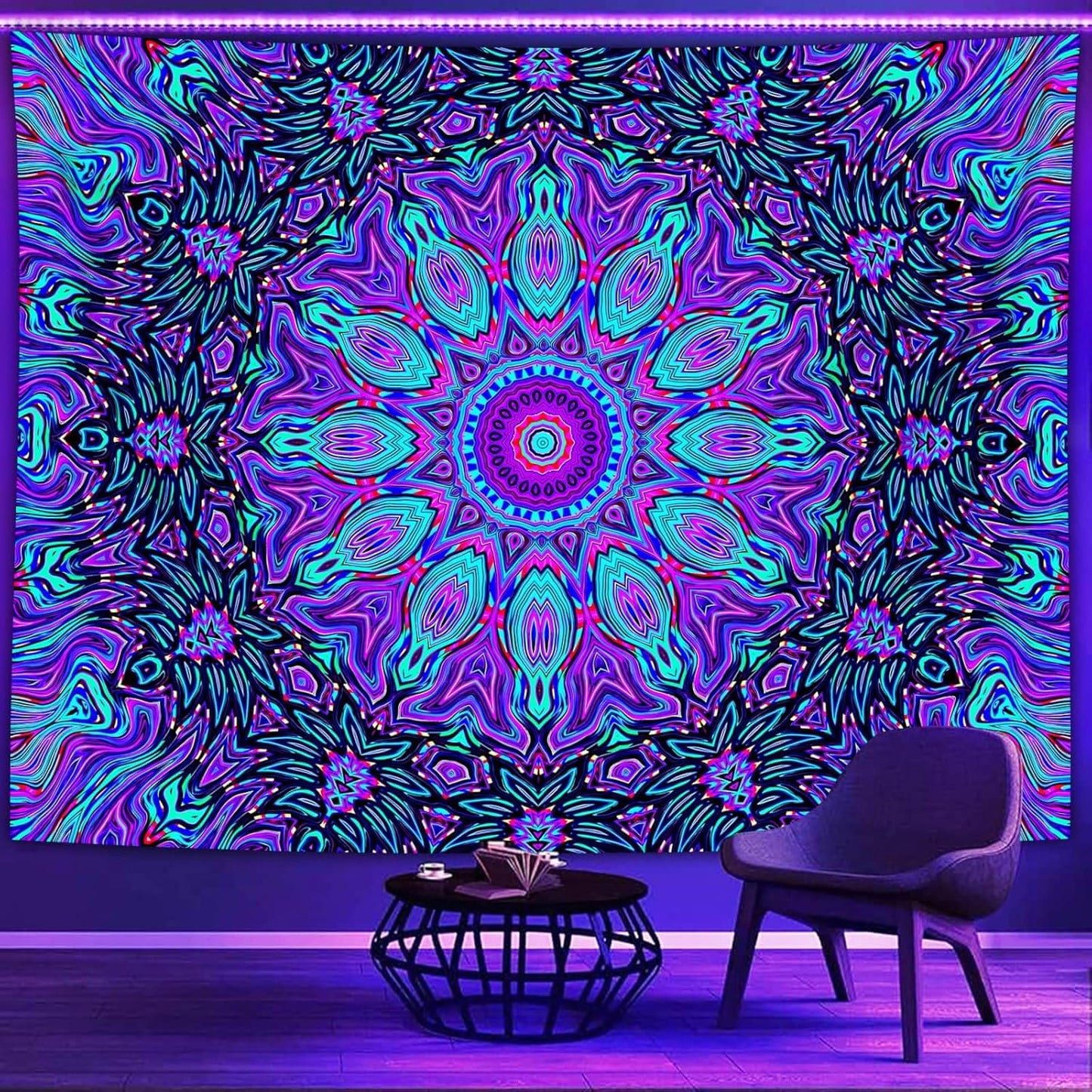 PSYHILAR Blacklight Mandala Tapestry for Bedroom, Psychedelic Black Light Posters for Adults and Teens, Neon UV Reactive Aesthetic Bohemian Art Wall Hanging Decor (40 x 30 Inches)
