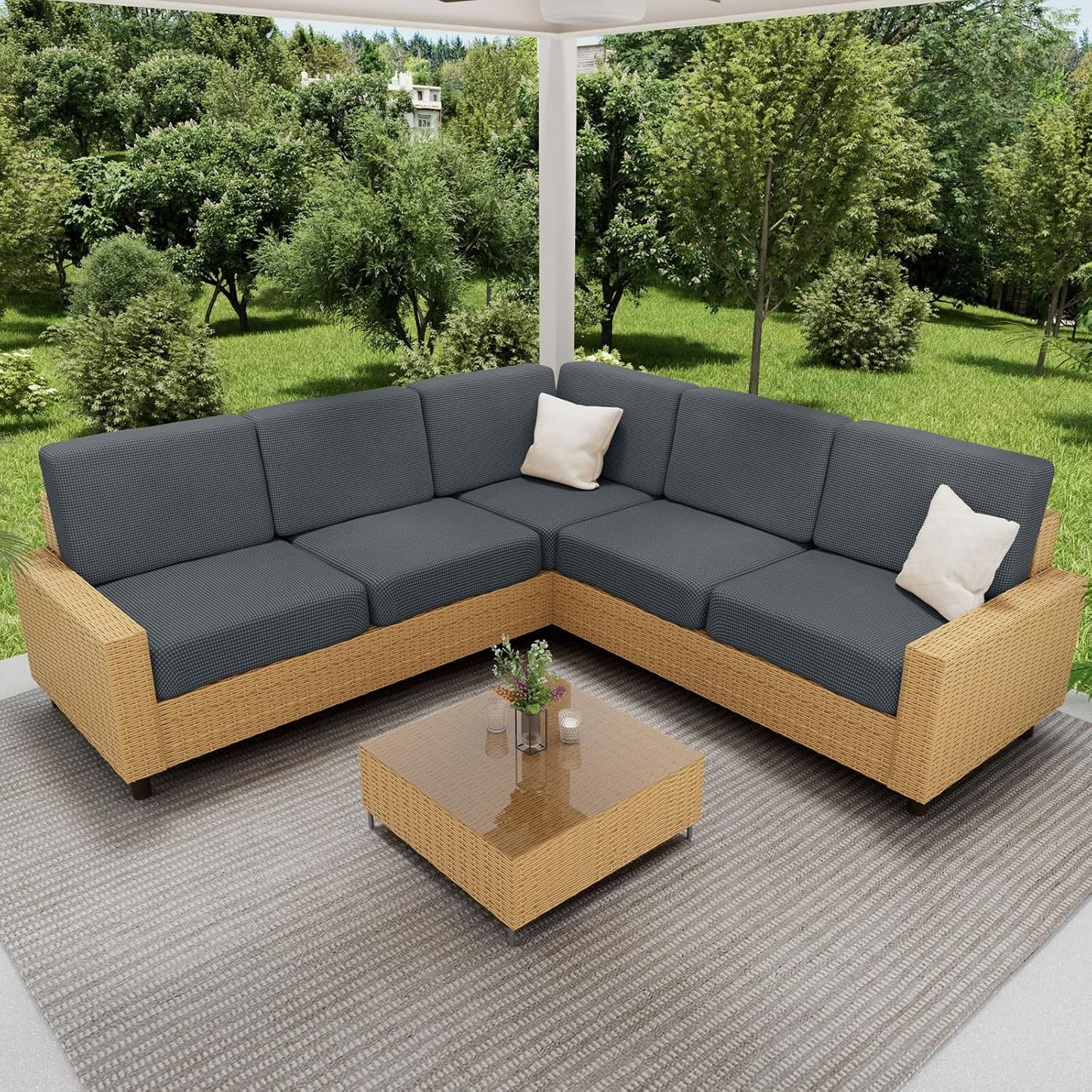 hyha Waterproof Couch Cushion Covers for Pets, Non Slip Sofa Seat Cover for Dogs Washable, Soft Thick Stretch Jacquard Fabric, Sofa Slipcovers with Elastic Bottom (1 Chaise+2 Seater, Grey)