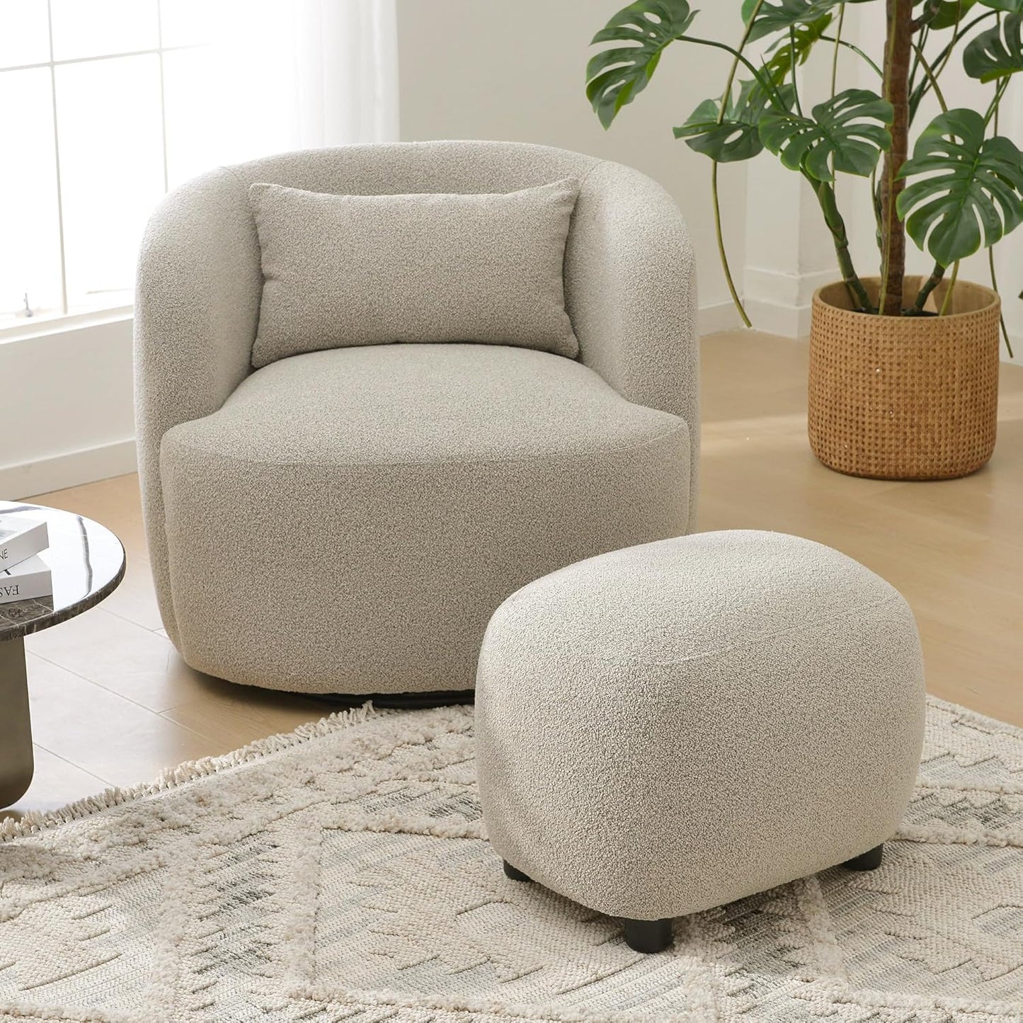 KINWELL 34" Wide 2 Boucle Swivel Barrel Chairs and 2 Ottomans Set, Fully Assembled Sherpa Accent Chairs and Footrest Set, Modern Comfy Armchairs and Footstool for Living Room and Bedroom, Taupe