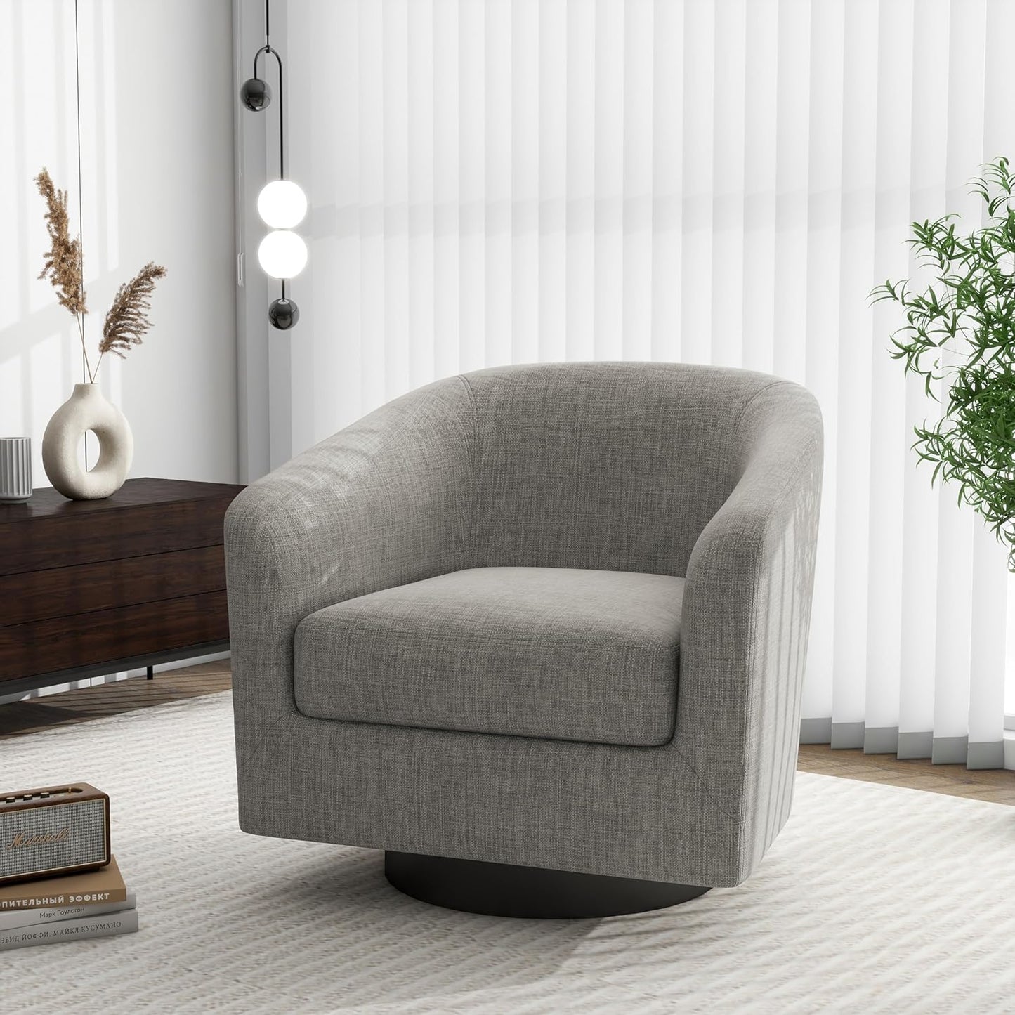 Swivel Barrel Accent Chair, Modern Round Linen Arm Chair for Living Room, Bedroom, Comfy Club Reading Chairs for Adults（Linen Fabric, Khaki, Set of 1