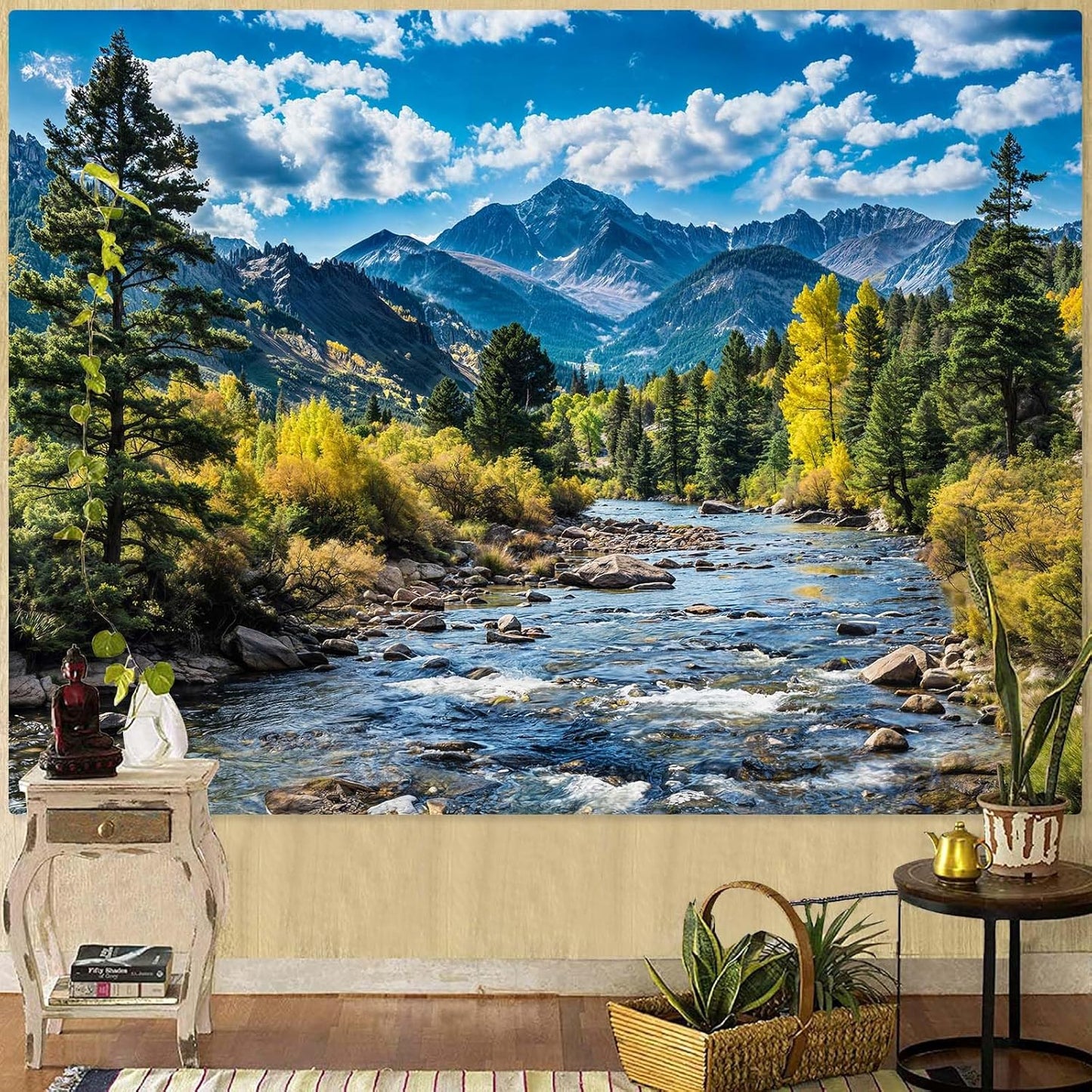 AMM Nature Forest Mountain Tapestry Green Pine Tree Tapestry for Bedroom Aesthetic White Clouds Flowing River Landscape Classroom Tapestries Wall Hanging for Living Room Dorm Office
