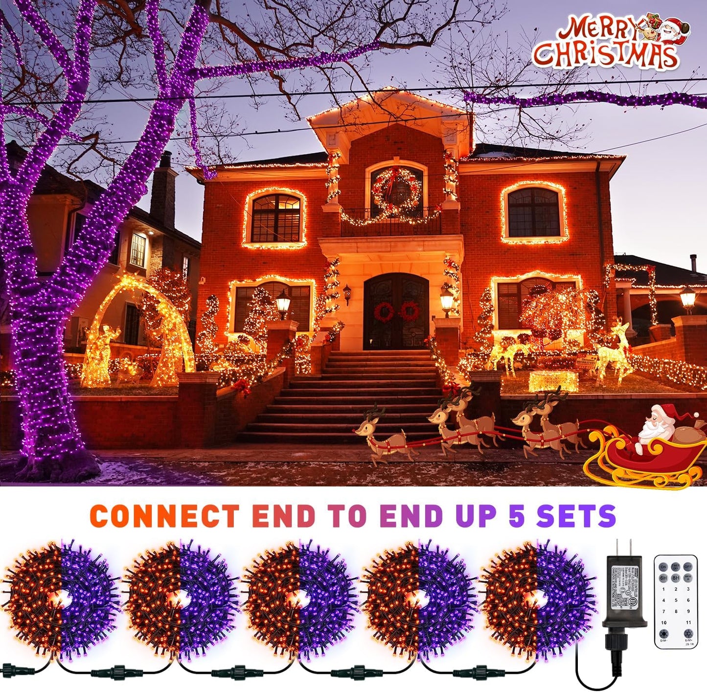 JMEXSUSS 200 LED Orange and Purple Halloween Lights Plug in, 66ft Connectable Color Changing Christmas String Lights with Remote, Outdoor Waterproof Tree Lights for Yard Halloween Decor