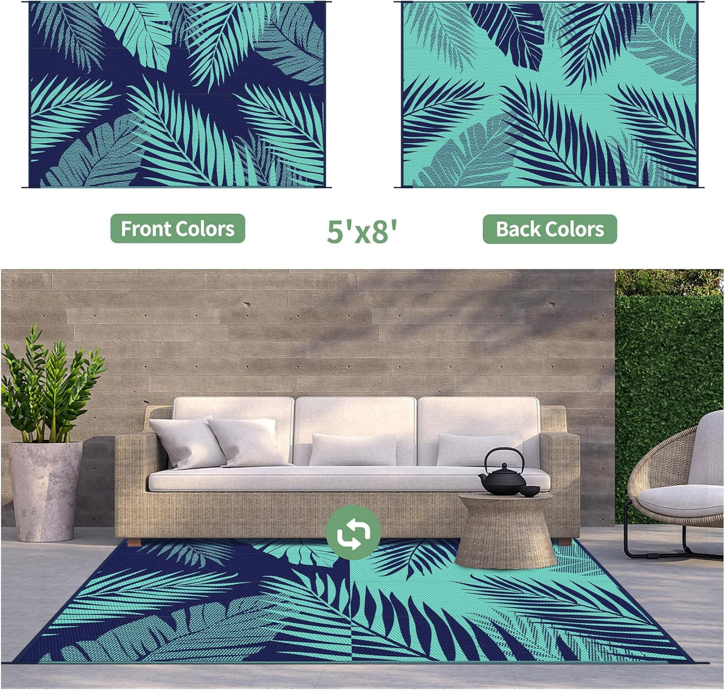 GENIMO Outdoor Rug 5' x 8' Waterproof for Patios Clearance, Reversible Outdoor Plastic Straw Camping Rug Carpet, Large Area Rugs Mats for RV, Camper, Deck, Balcony, Porch, Beach, Navy Blue&Jade Green