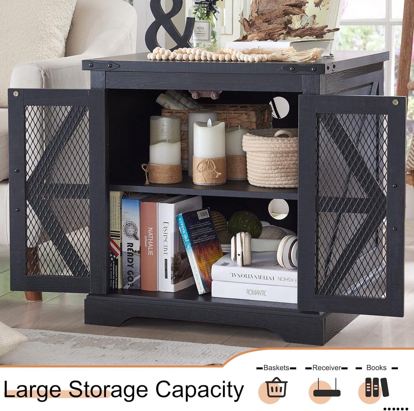 JXQTLINGMU Farmhouse End Table, 24" Large Sofa Side Table with Charging Station, Mesh Barn Door, and Adjustable Storage Shelf, Rustic Wood Square Nightstand for Living Room, Bedroom, Office, Black
