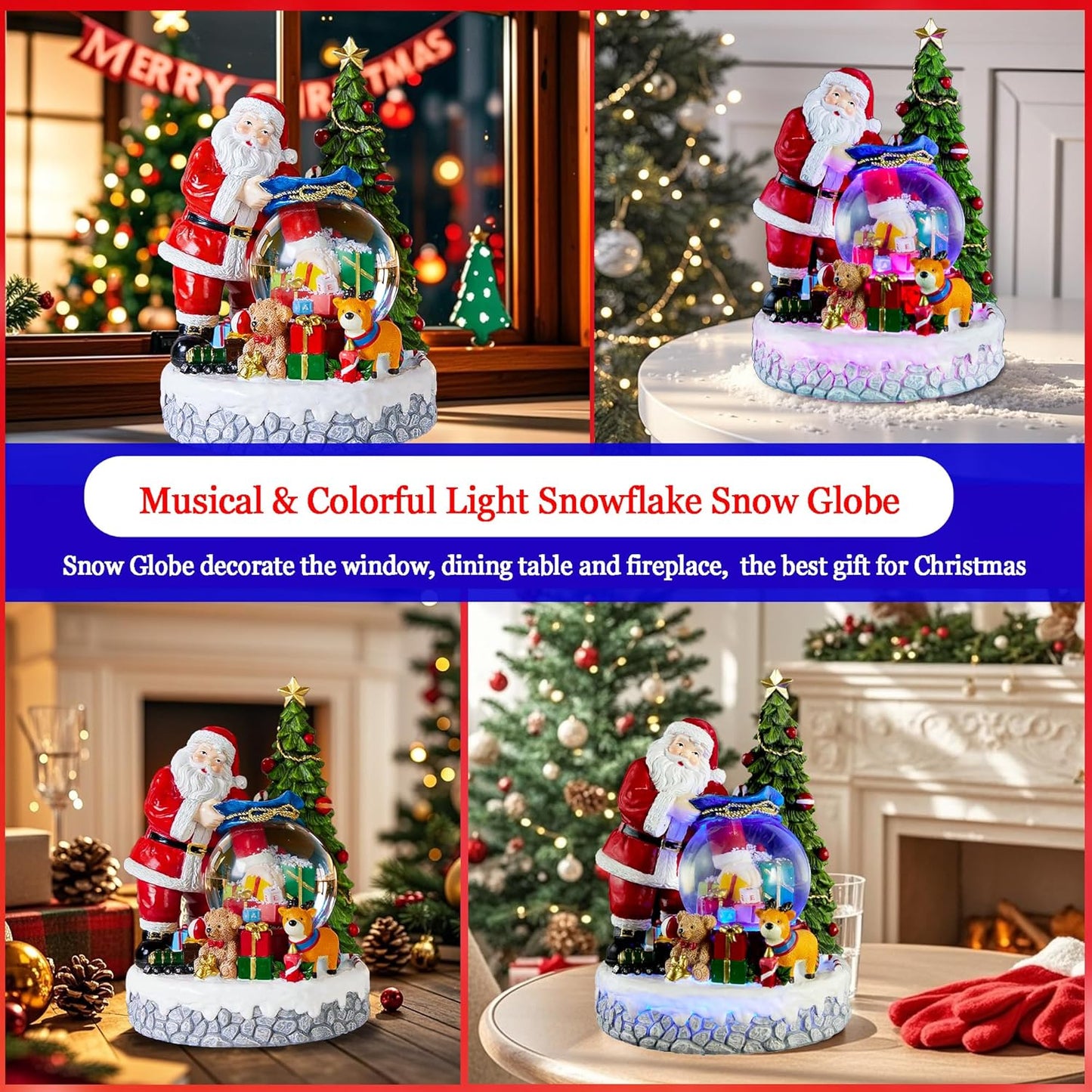 Musical Christmas Snow Globe Lantern with Colorful Lights & Snowfall - USB or Battery Operated - Indoor Holiday Decor for Christmas, Thanksgiving - Gift for Kids, Family, Colleagues